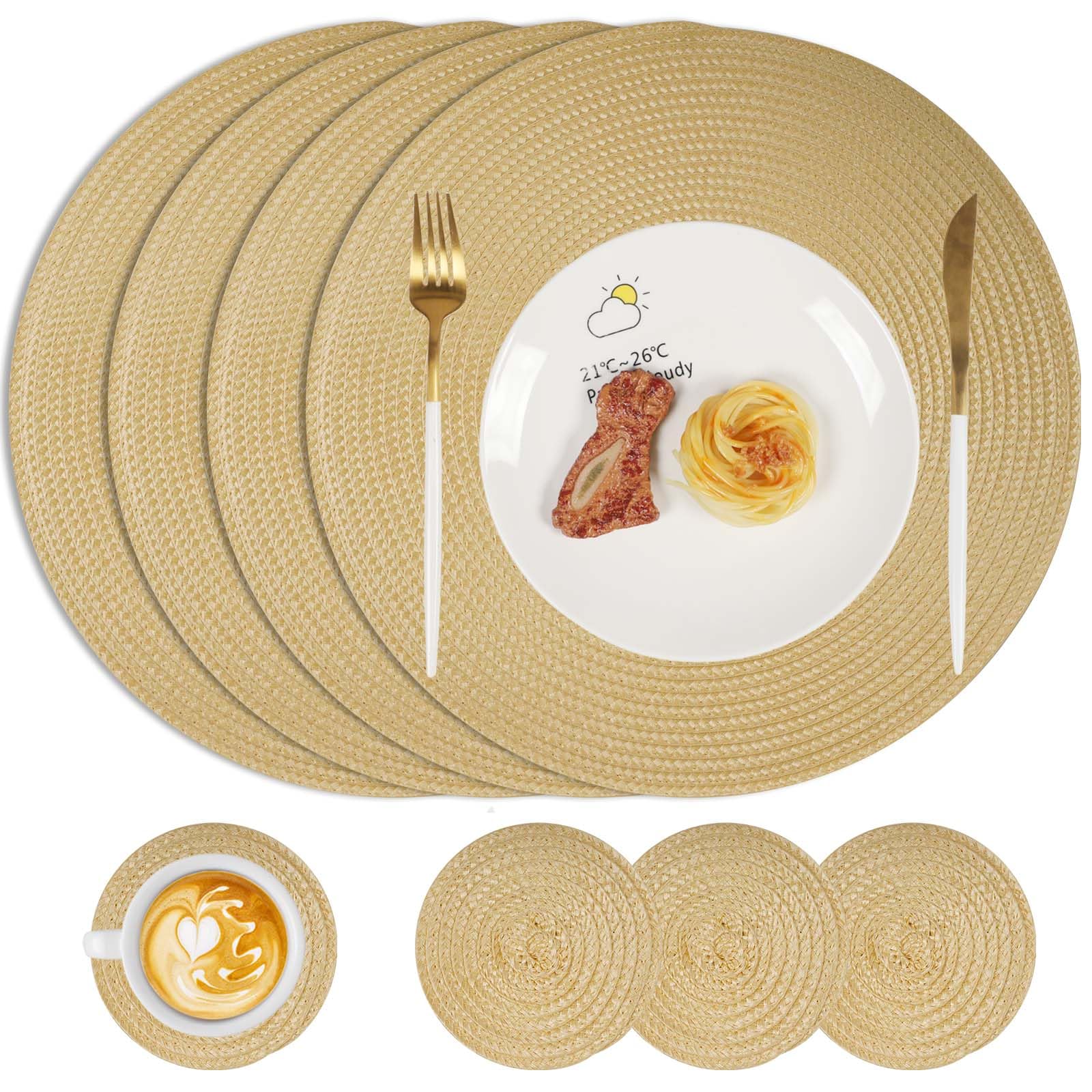 Famibay Placemats and Coasters Set of 4 Round Woven Placemats Washable Heat Resistant Place Mats Round Table Mats and Coasters Beige Yellow for Kitchen Dining Table โ image 1