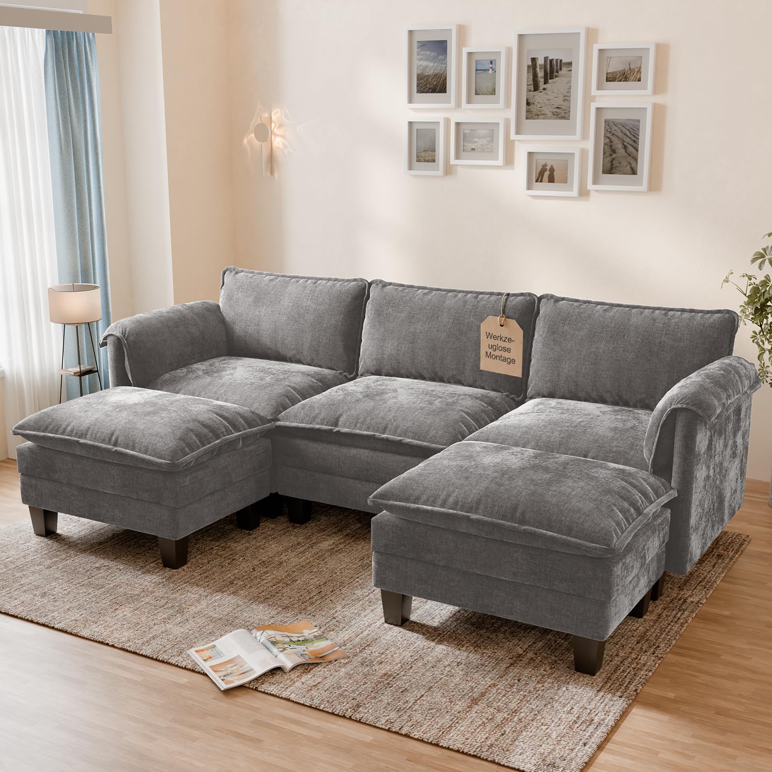 ELUCHANG Modulares Sofa U-Form, 256cm Breit Ecksofa mit 2 Ottomanen, 3 Sitzer Chenille Couch mit 62cm Sitztiefe, Schlafsofa-Funktion, Werkzeuglose Montage, Wohnzimmer, Grau Küche, Haushalt & Wohnen