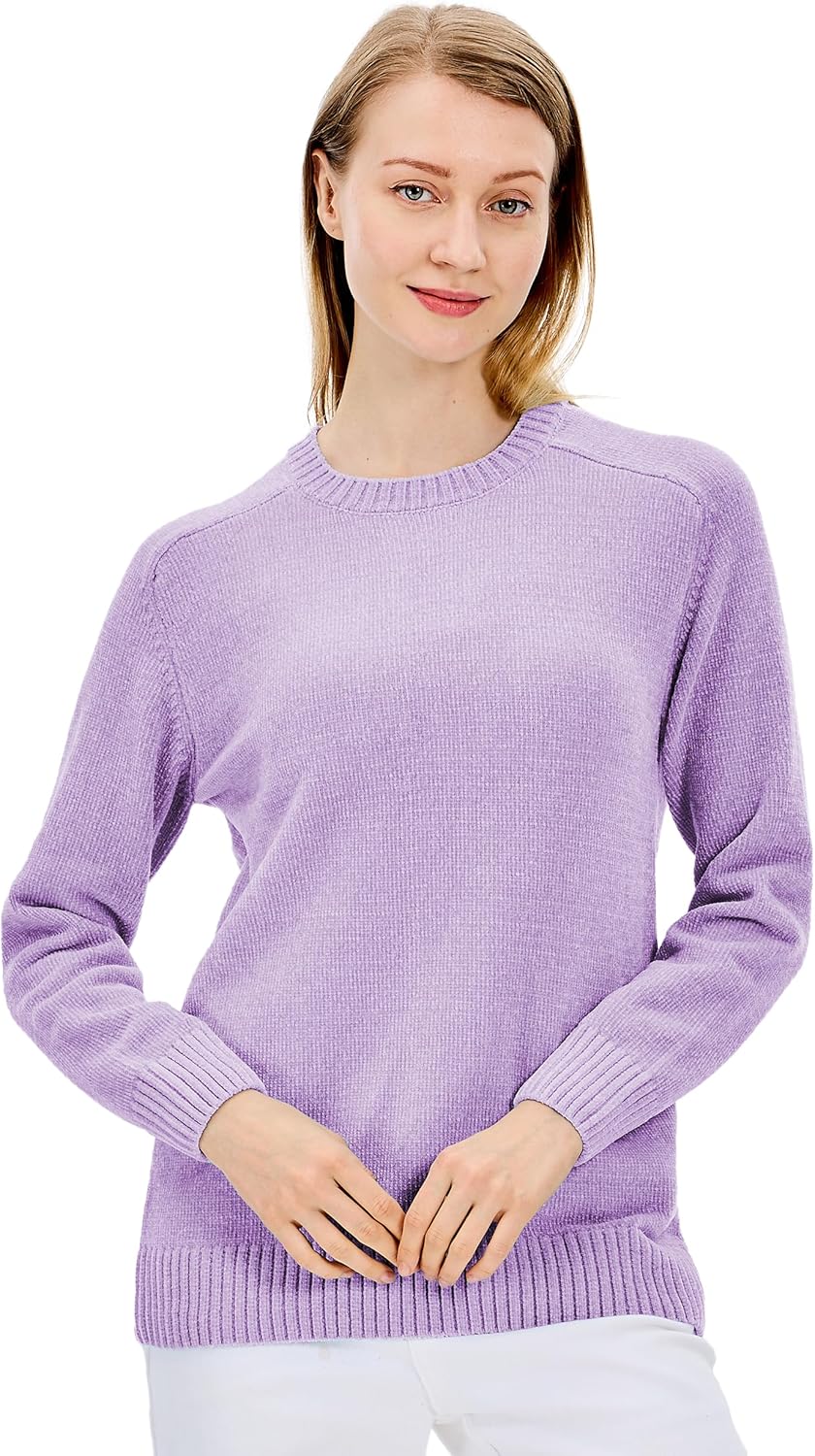 Simple&Opulence Women's Chenille Sweater Crewneck Long Sleeve Pullover Ribbed Cuff Hem Round Neck Jumper Tops