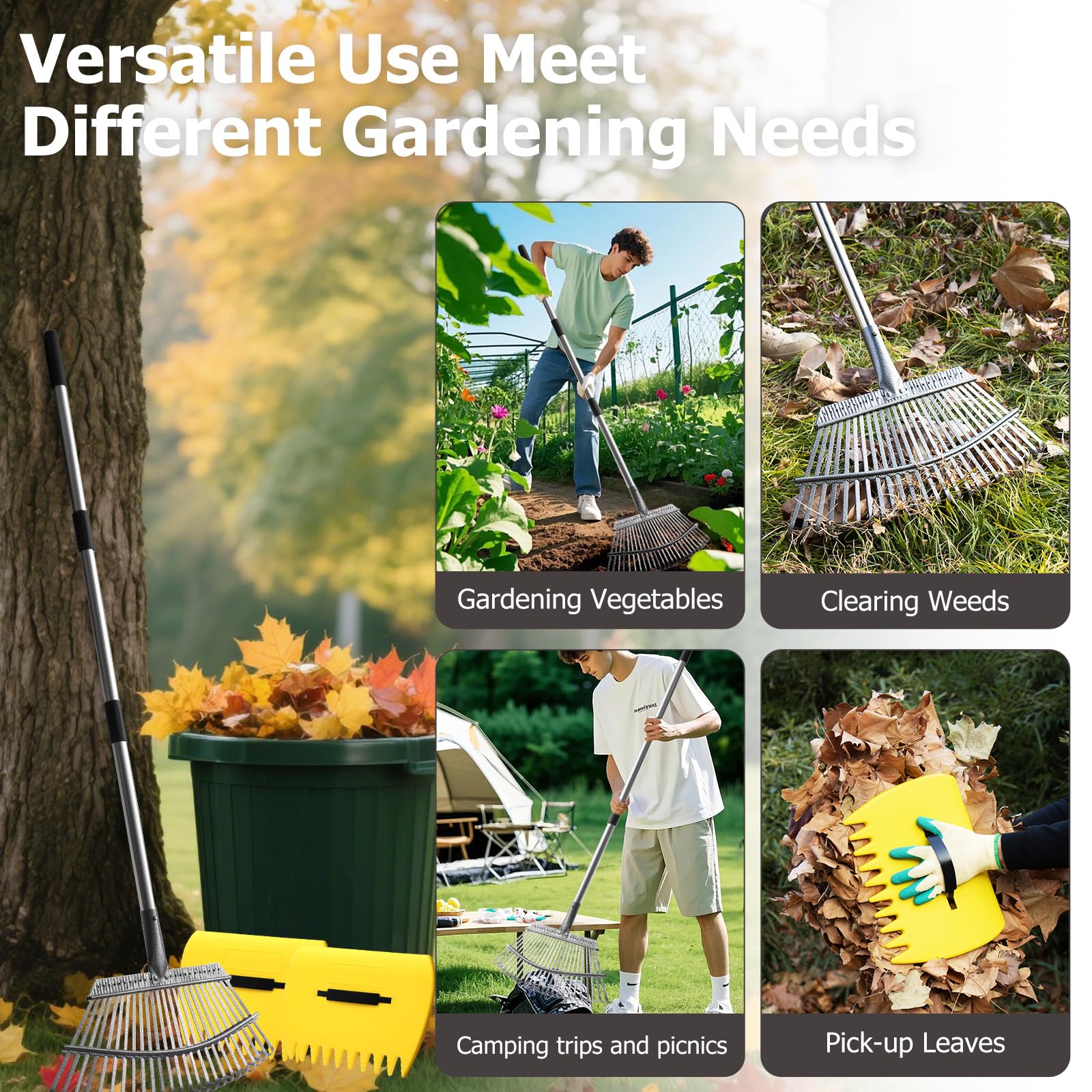 25-Zinken Garten Rechen für Laub, Rasen & Gras, Verstellbarer Langer Stiel Laubrechen, Breiter Metall-Rechenkopf, Ergonomisches Design, Effiziente Reinigung Laubsammler für Garten, Rasen, Moos