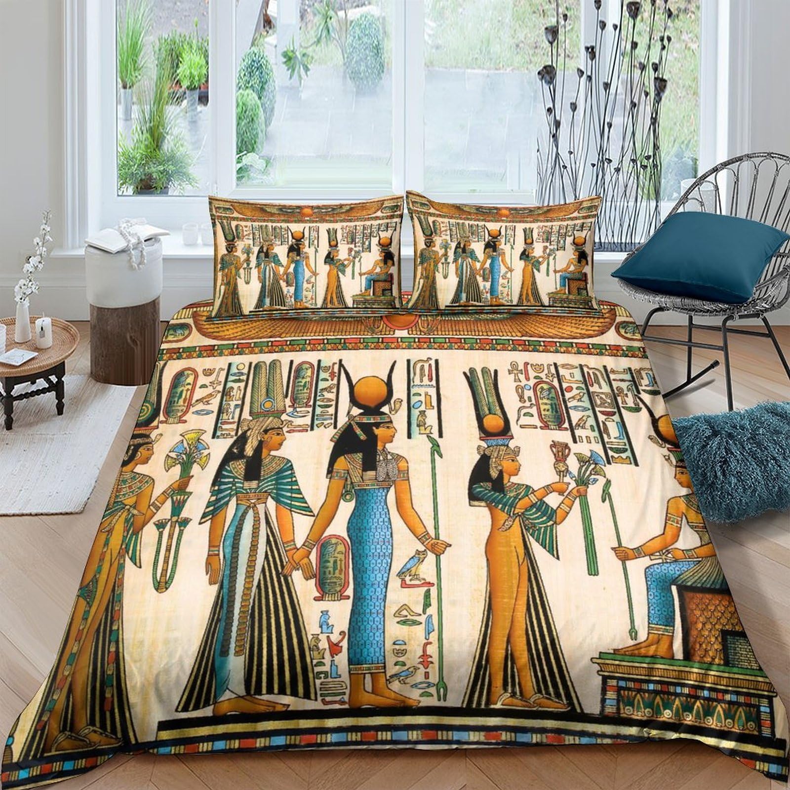 Ctjqhvkz Style-1 3D Printed Egyptian Hieroglyphs Fitted Sheet Microfiber Soft Anti-Slip Ancient Pharaoh Mattress Cover Bedroom Decor Single（135X200cm）