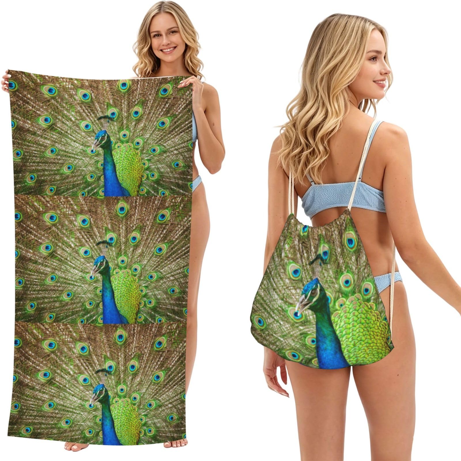 Poadnly As Picture Peacock, 2 In 1 Packable Towel Bag, Beach Towels With Drawstring Backpack For Travel Holiday Camping