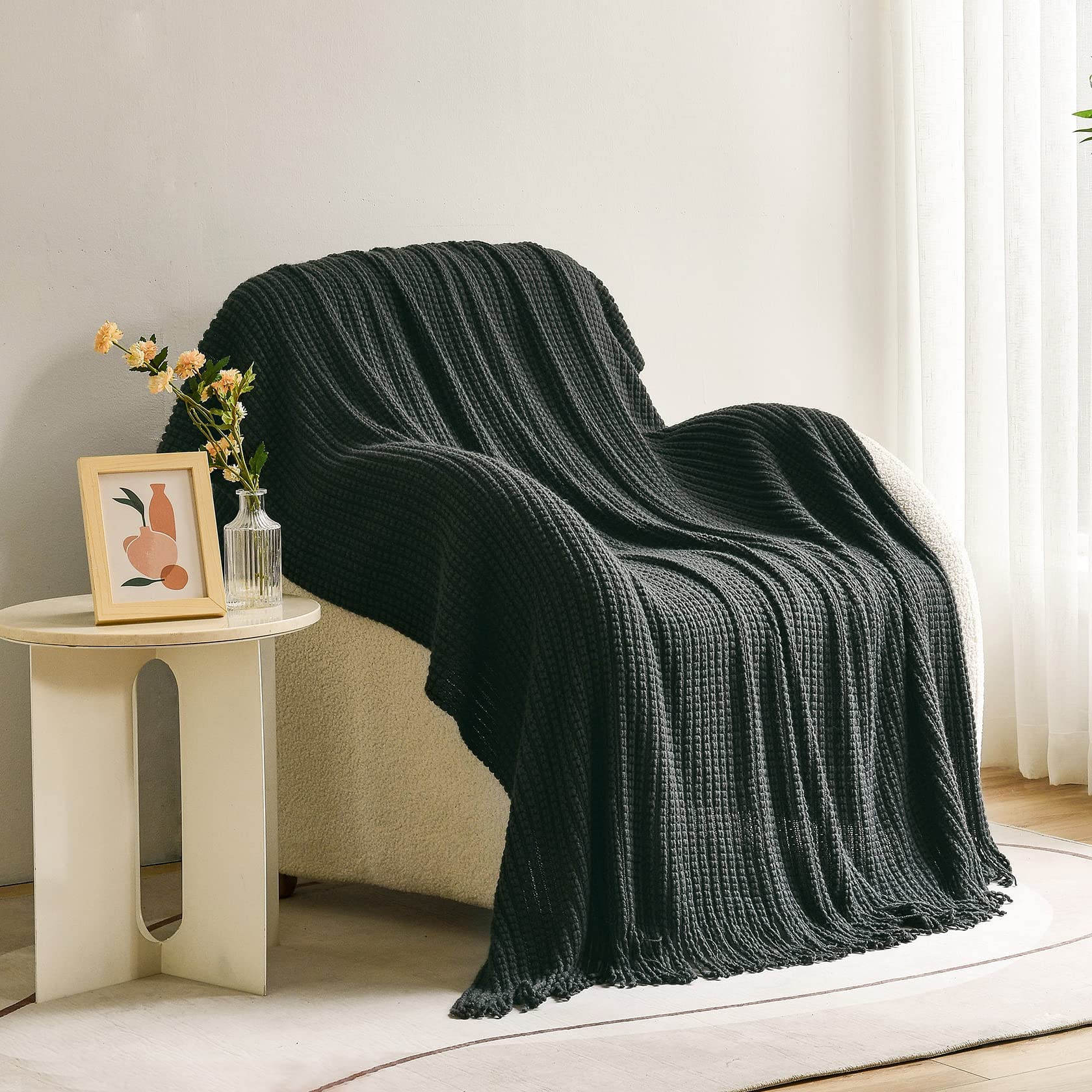 Blagic Knitted Throw Blanket for Couch,Soft Farmhouse Boho Throw Blanket with Tassels,Home Decorative Lightweight Throw Blankets,Dark Gray Throws for Bed/Chair/Sofa, 60" W x 80" L