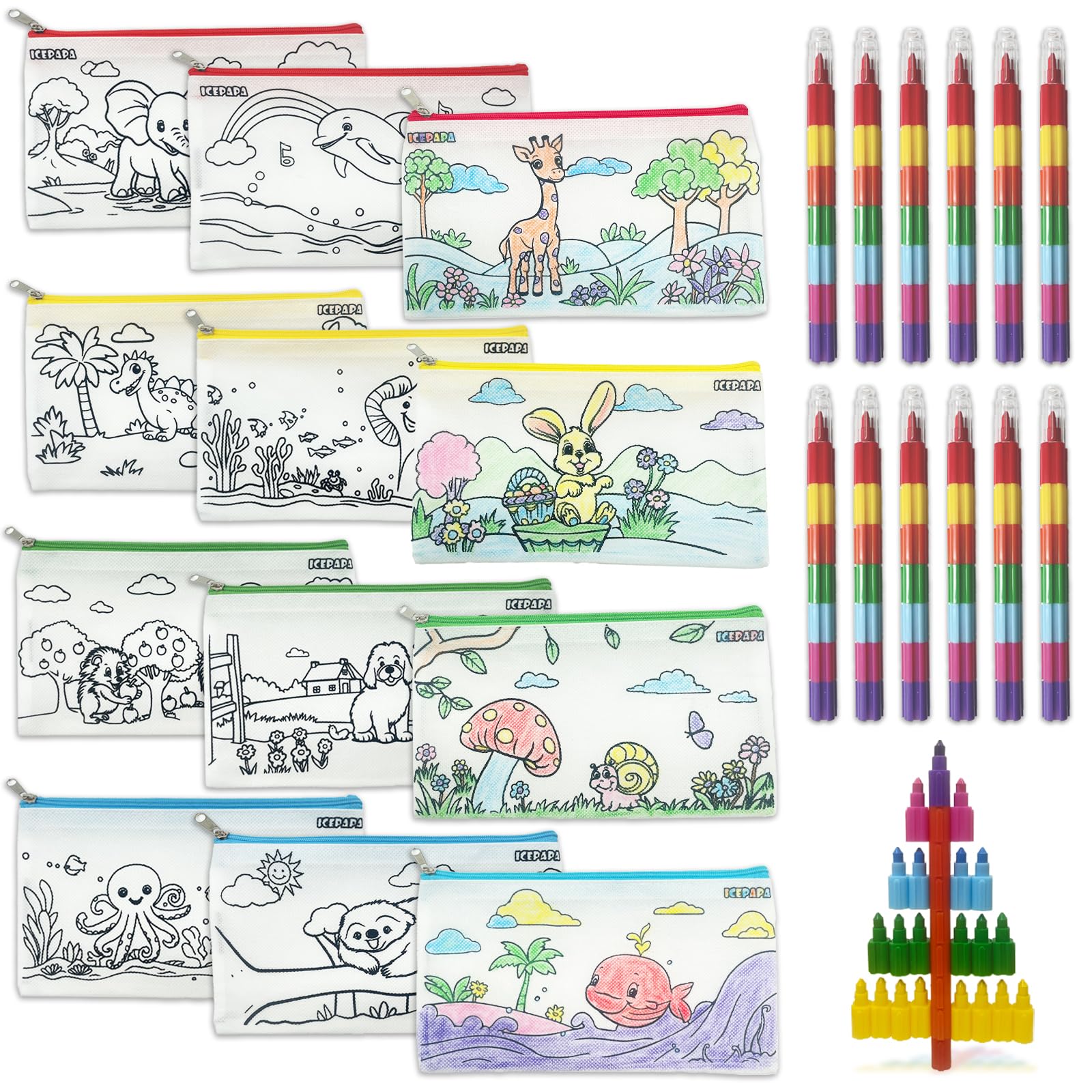 ICEPAPA, 12 Estuches de lápices para que los niños coloreen y 12 ceras de colores apilables (7 colores en 1), perfectos para pequeños regalos para niños y regalos invitados cumpleaños niños