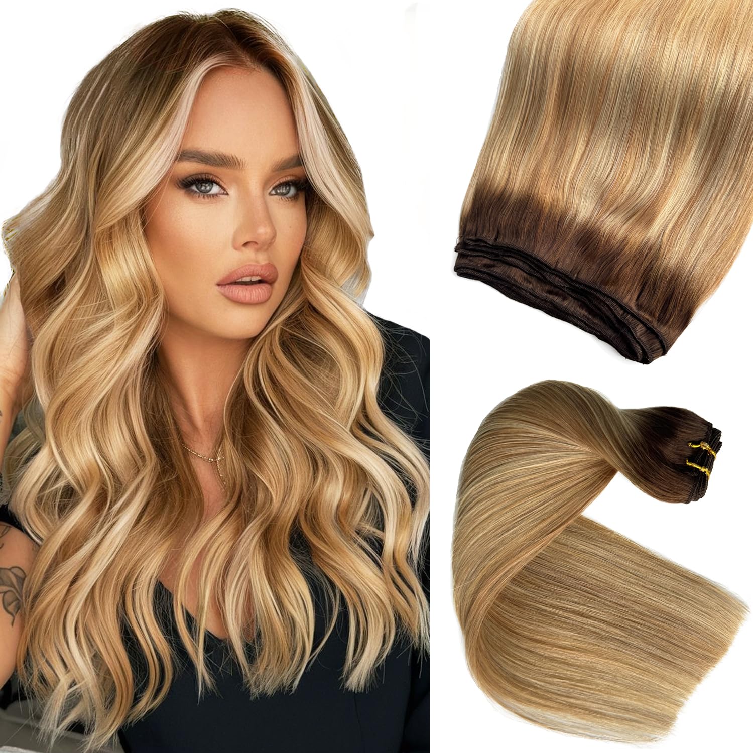Ubetta Sew-in Human Hair Extensions - 18 Inch 100G Ombre Brown to Golden Brown Balayage Blonde - Hand Tied Weft