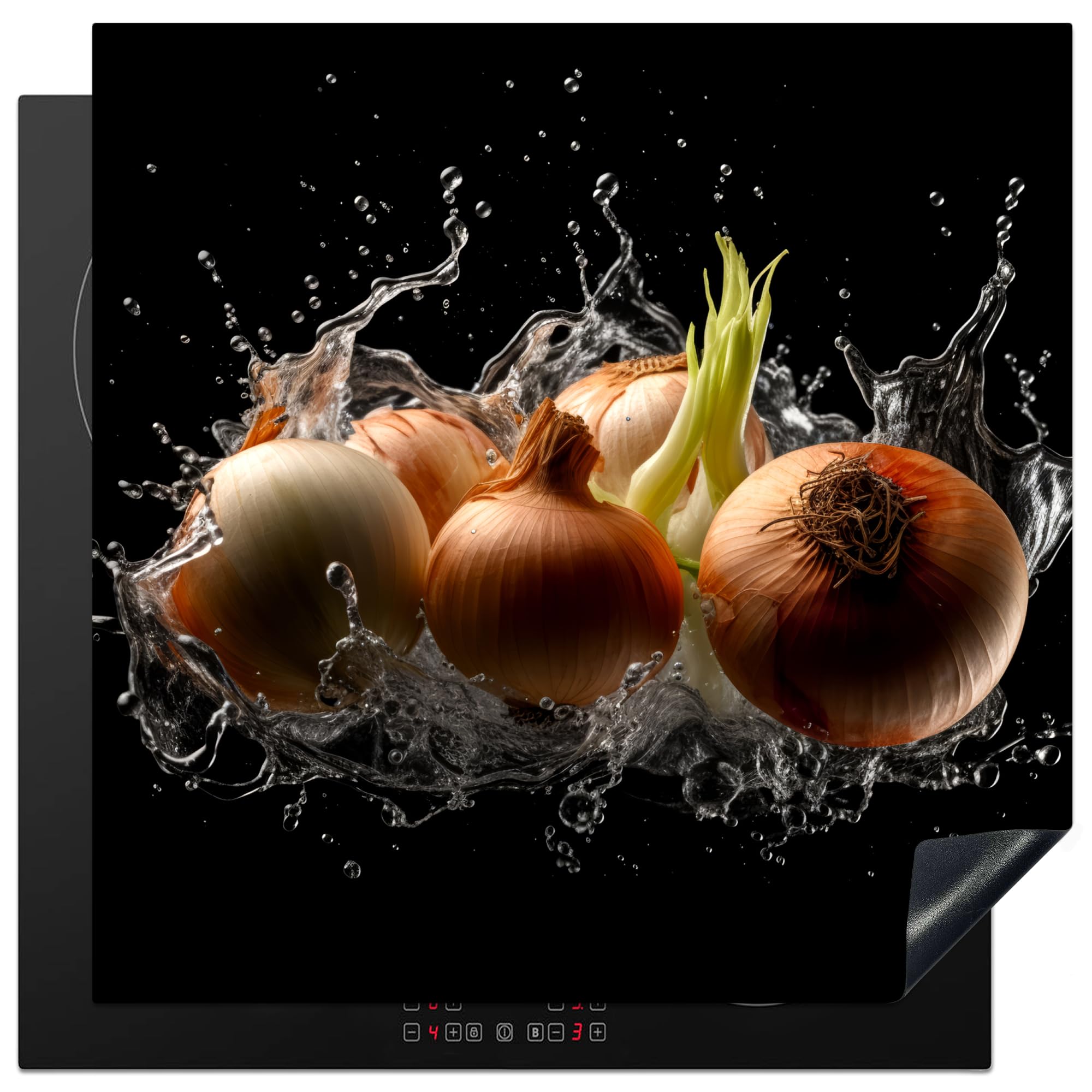 KitchenYeah© Induction Hob Protector Mat 30.7"x30.7" / 78x78 cm Stove Cap Top Cover Kitchen Cooker Covers for Electric Hobs Vinyl Onion - Vegetable - Brown - Water - Black
