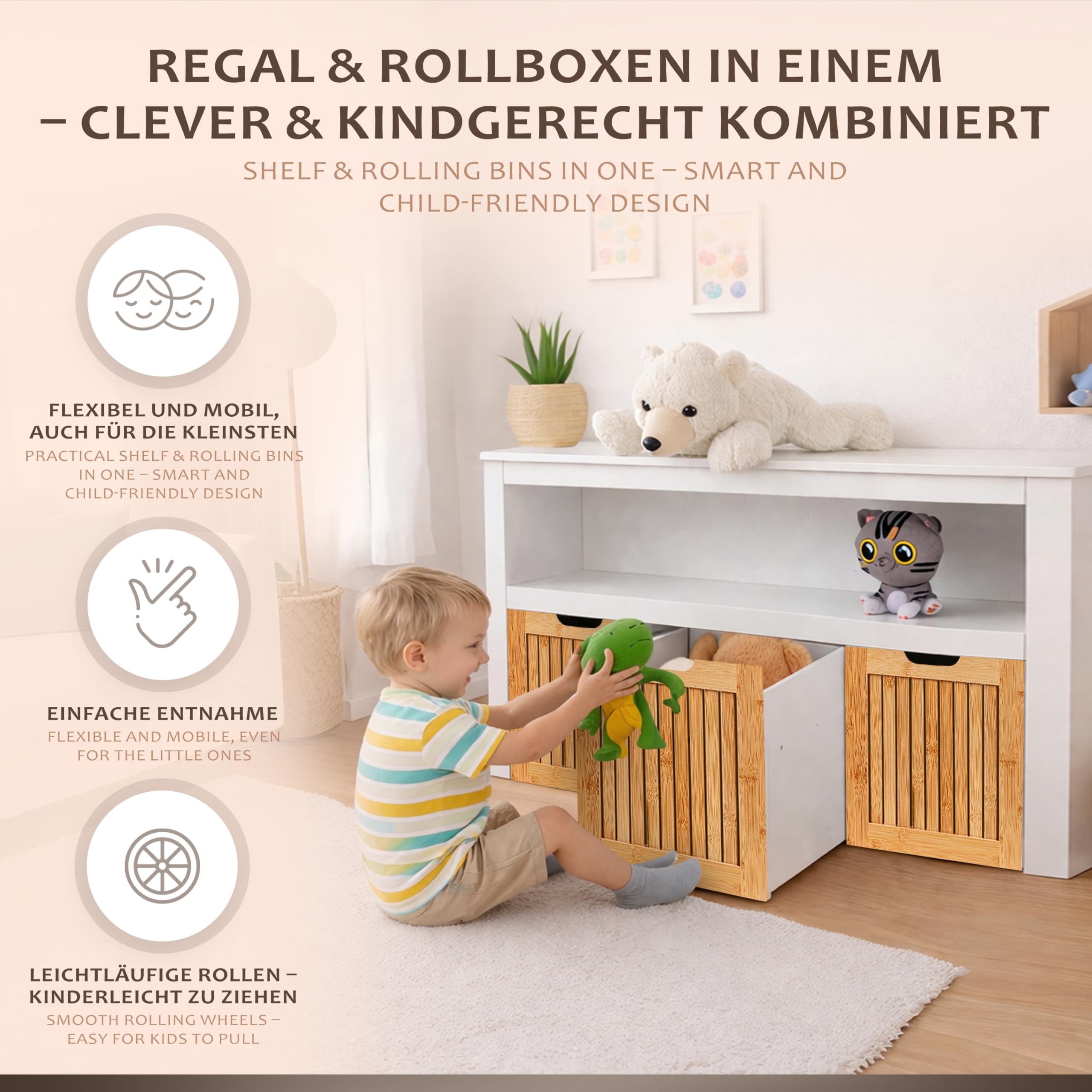 ONVAYA Sideboard mit Rollboxen - Praktisches Kinder Bücherregal und Kuscheltier Aufbewahrung - Modernes Spielzeugregal inkl. 3 Aufbewahrungsboxen - Durchdachtes Kinderregal als Spielzeug Organizer