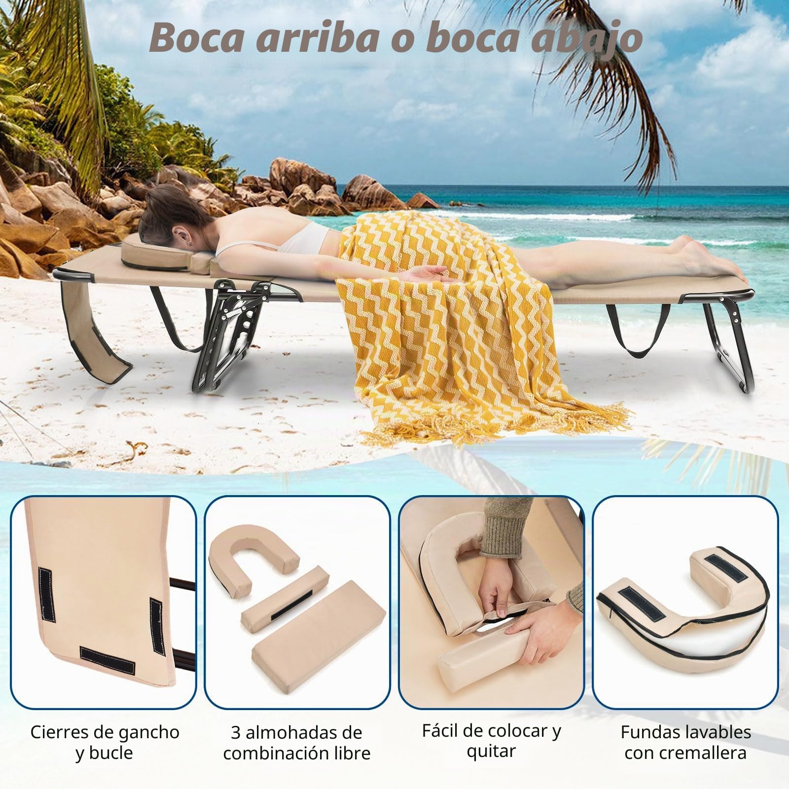 KOMFOTTEU Tumbona Plegable con 3 Reposacabezas Extraíbles (Beige)