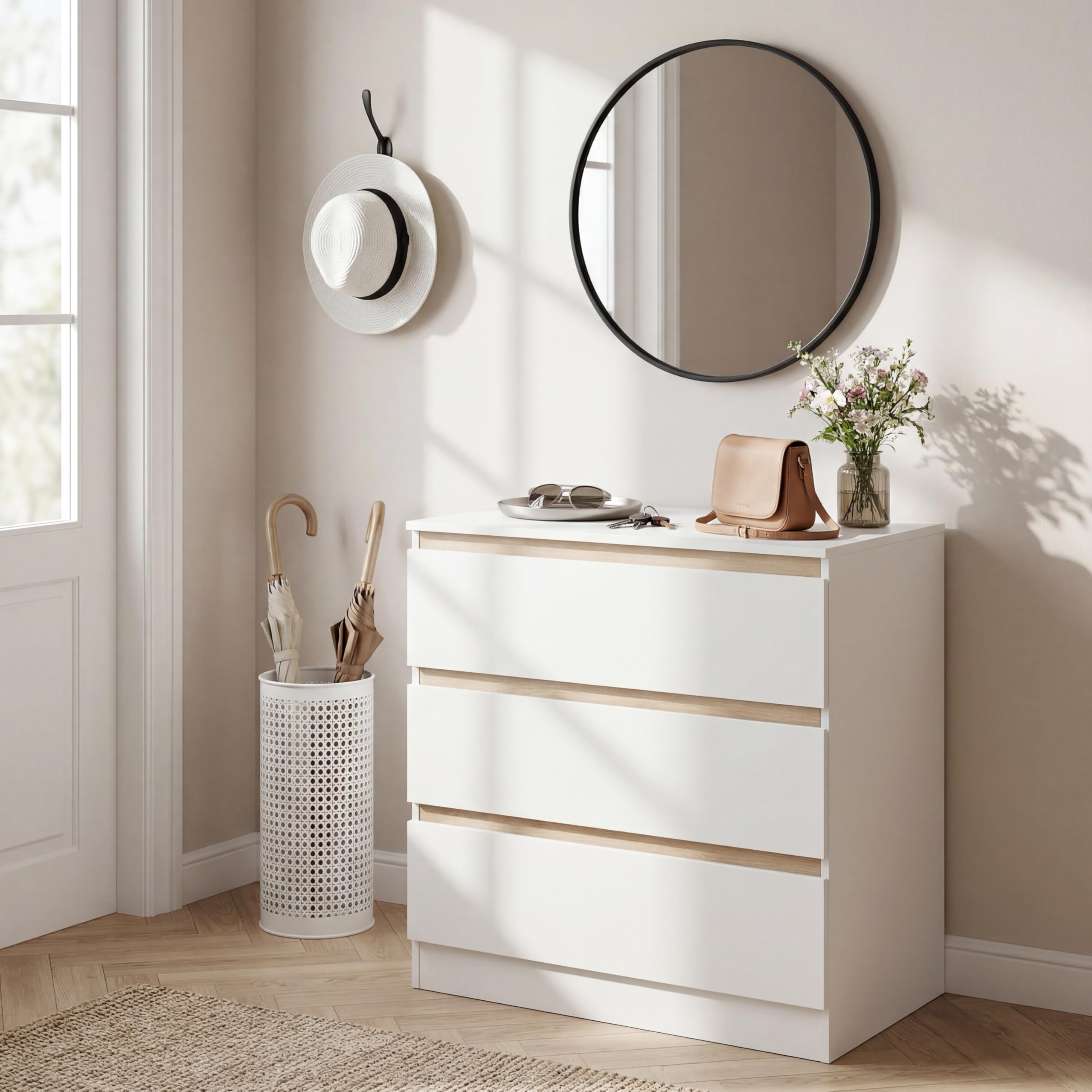 WOLTU Cómoda Blanca con 3 Cajones, Cajonera Moderna para Dormitorio, Armario de Almacenaje en Madera MDF, 80x48x78 cm