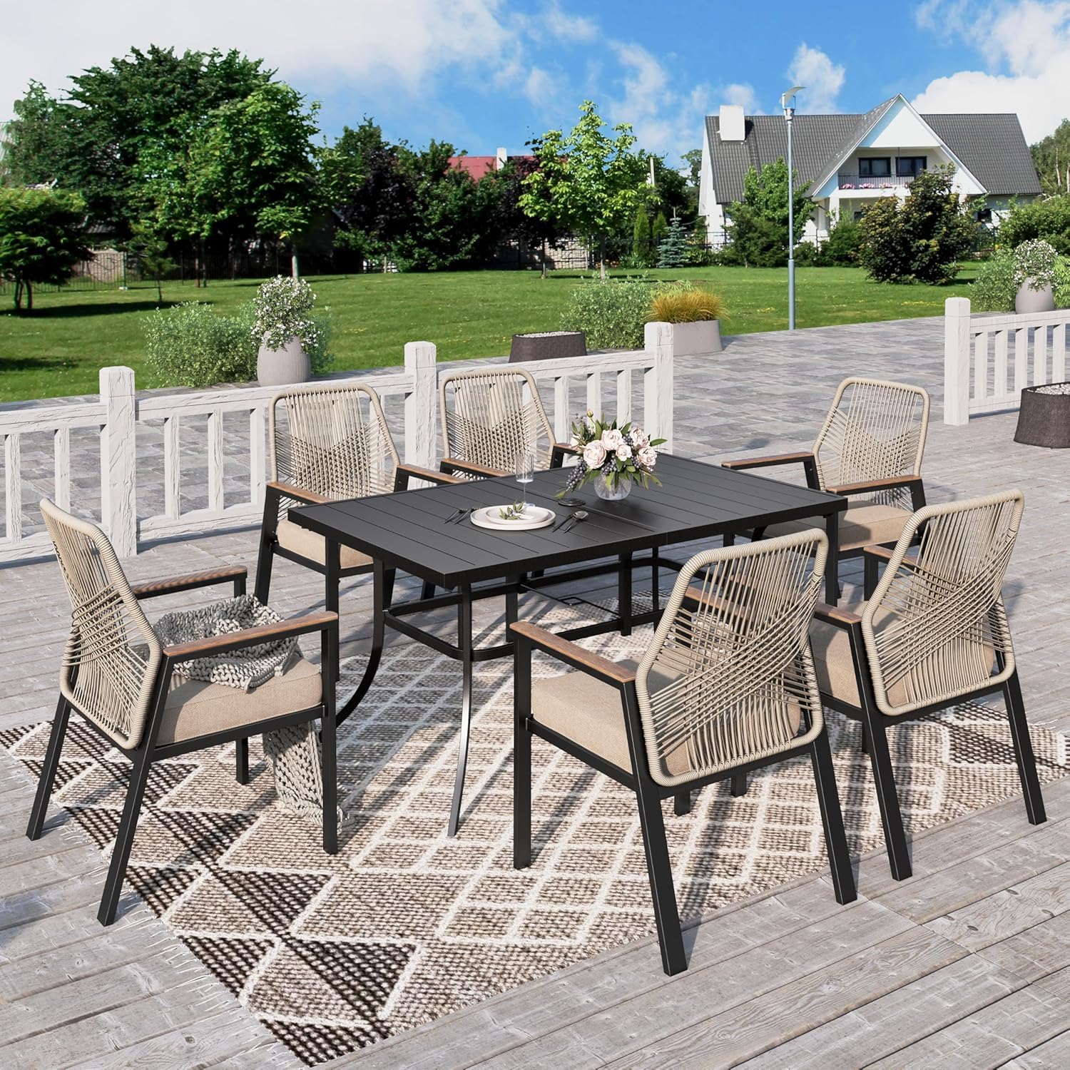 PHI VILLA Table Chaise de Jardin Exterieur, Table a Manger avec 6 Chaises Rotin avec Trou de Parasol Fer Forgé Terrasse Balcon