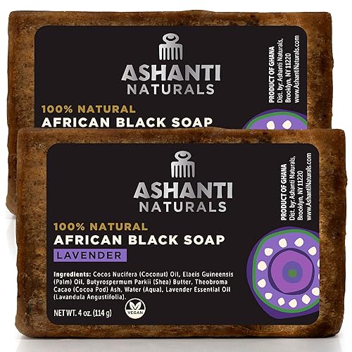Barra de jabón negra africana Jabón negro natural perfumado con manteca de karité cruda y aceite de coco, paquete de 2 barras de 4 onzas (lavanda)