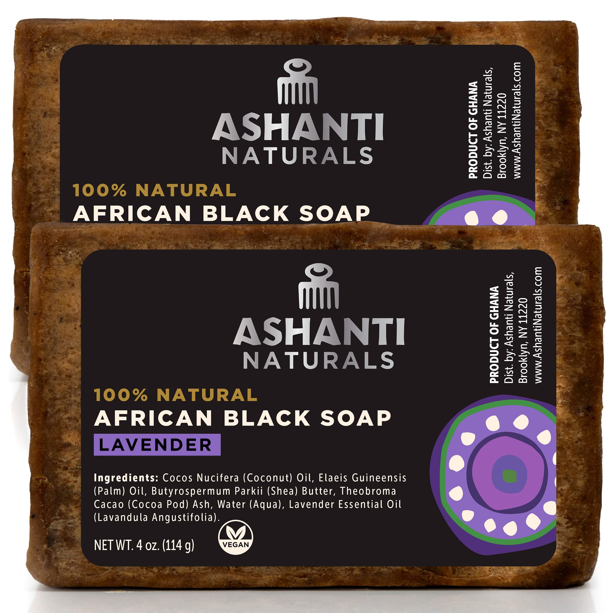 Ashanti Naturals African Black Soap Bar | Scented Natural Black Soap with Raw Shea Butter and Coconut Oil - 2pk 4oz Bars (Lavendar)