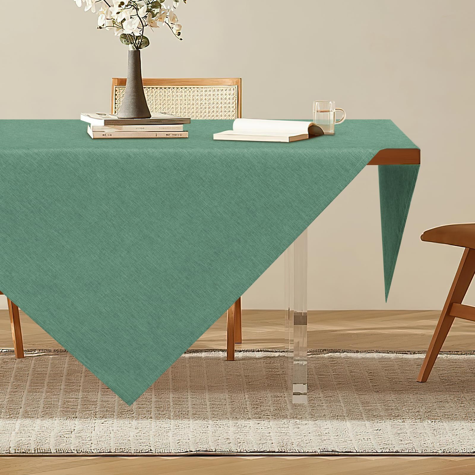 AooHome Tablecloth 80X80cm, Green Faux Linen Tablecloths Washable Polyester Tablecloth Water-repellent with Lotus Effect