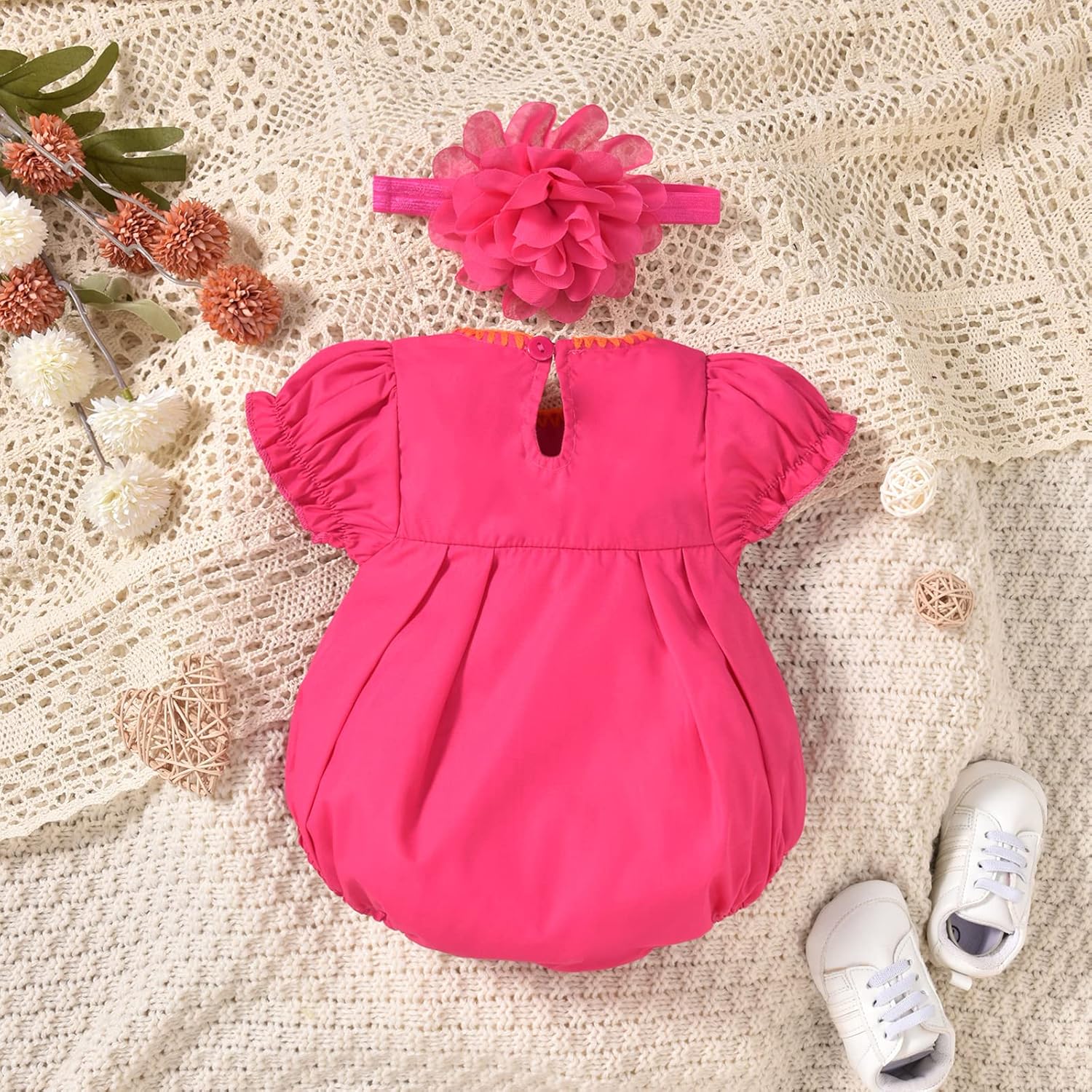 HINTINA Newborn Baby Girl Mexican Ethnic Embroidery Floral Bodysuit With Headband