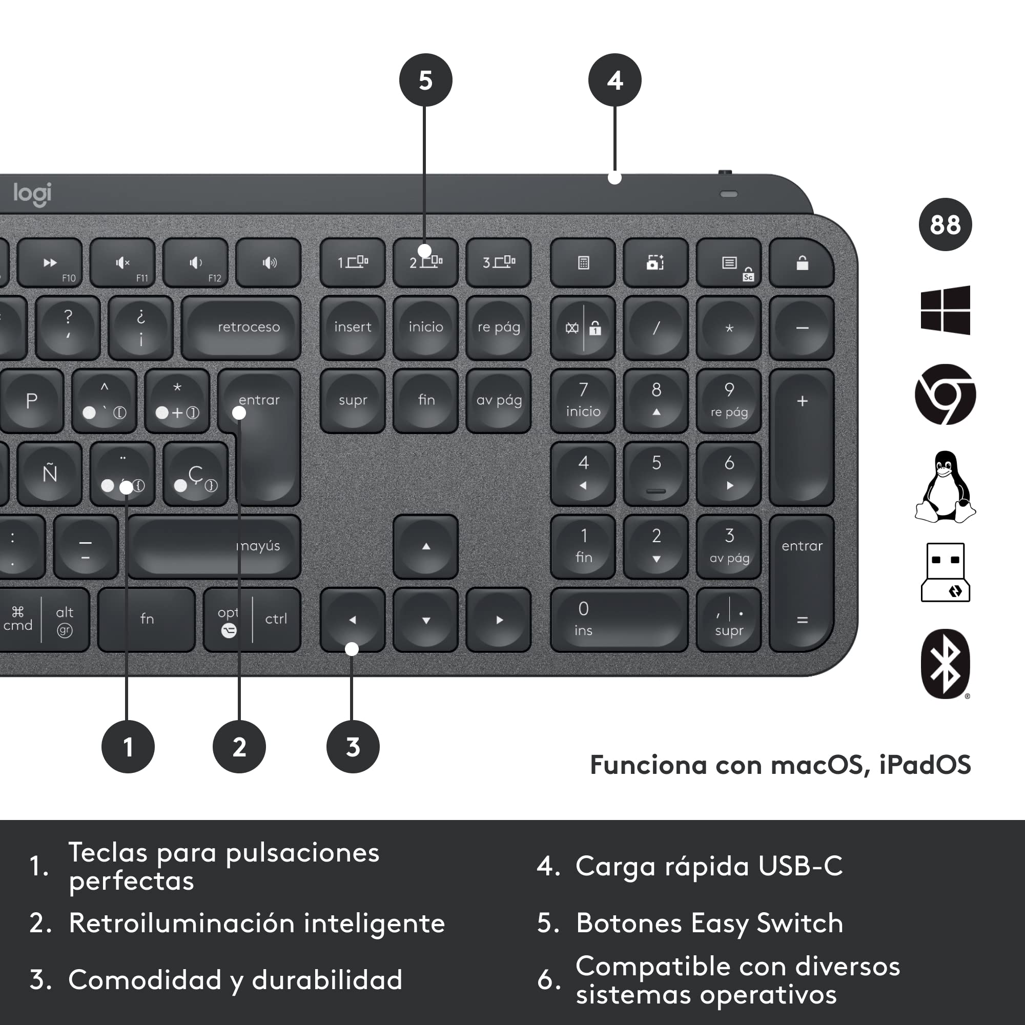 Logitech MX Keys Combo para empresas Gen 2, teclado/ratón inalámbrico de tamaño completo, con apoyamano para teclado, Bluetooth, Logi Bolt, Clics Suaves, Windows/Mac/Chrome/Linux, QWERTY ESP - Grafito