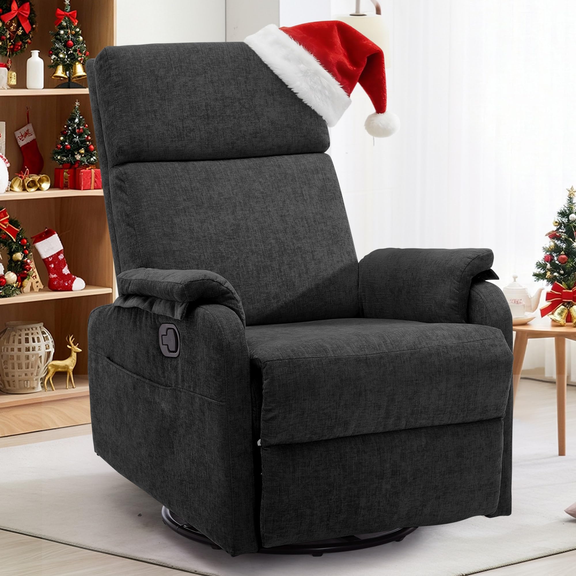 Korser Recliner Chairs, Swivel Rocking Recliner Chair for Adults, Glider Rocking Chair, Small Nursery Chair Recliner for Living Room, Reclining with Modern-Designed Armrests, Chenille, Black