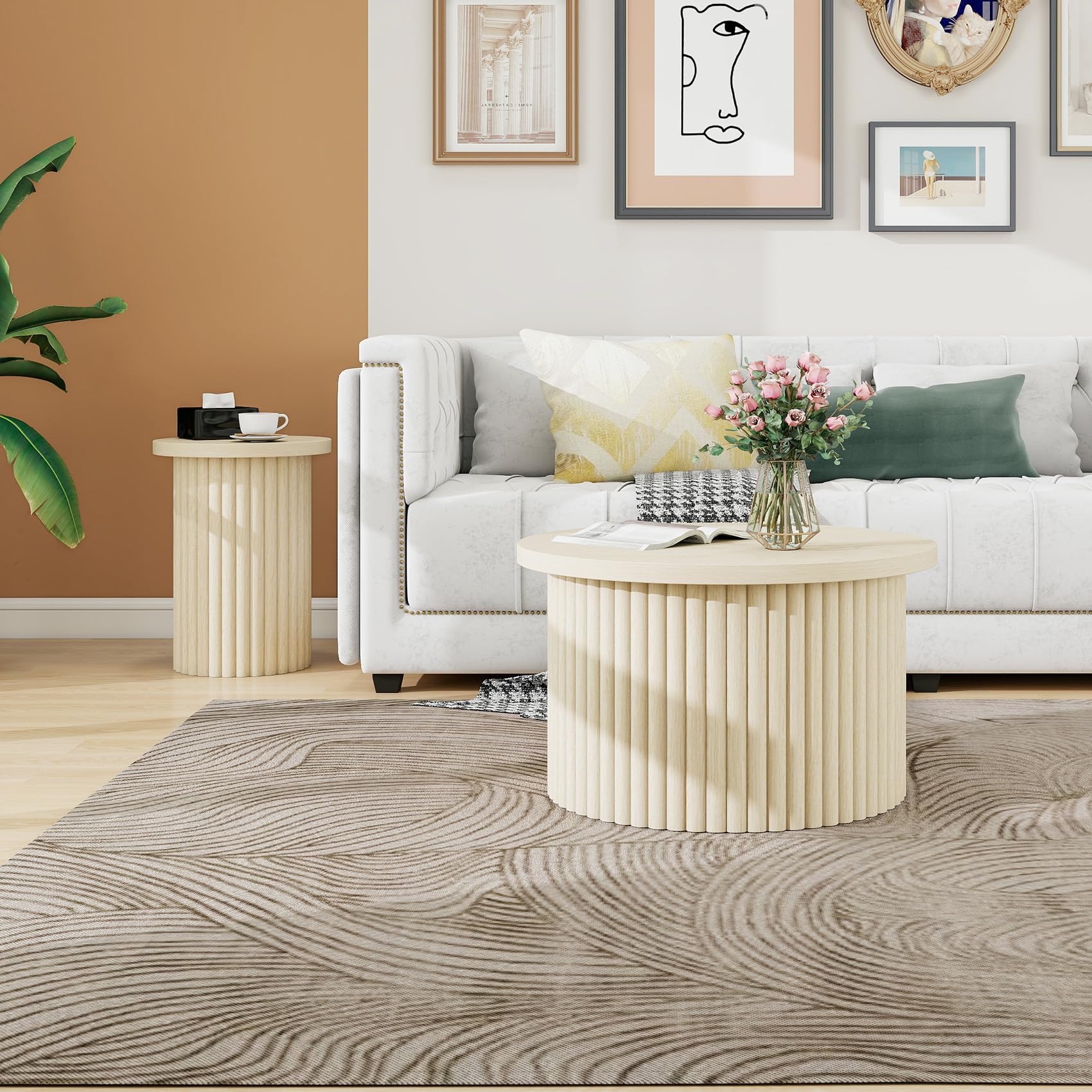 Modernes 2er Set runder Couchtische mit Wellenförmigem Design und Holzmaserung, Naturfarbe – Stilvolle Beistelltische für Wohnzimmer, Schlafzimmer, Arbeitszimmer, Balkon