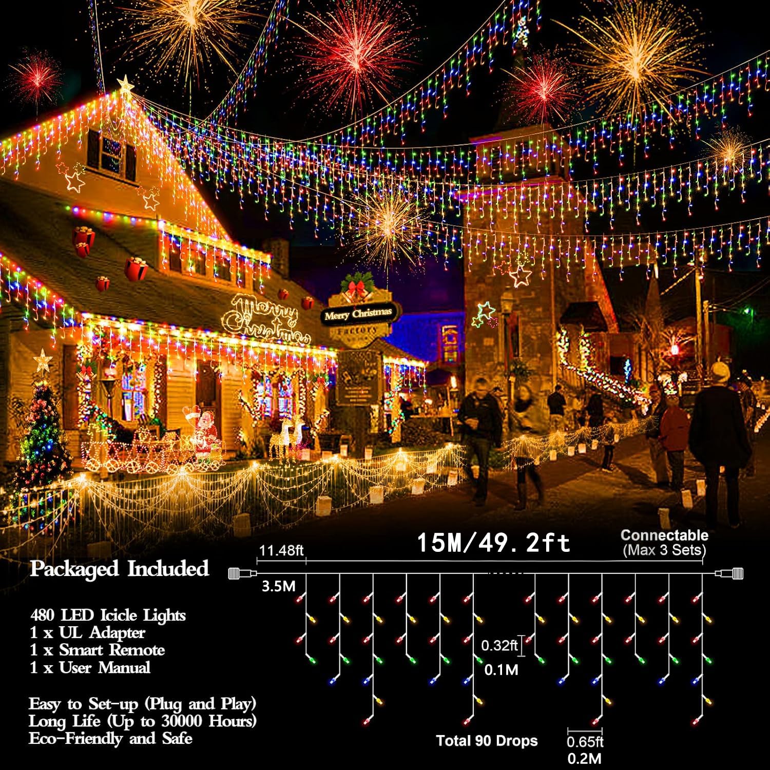 480 LED 49FT luci natalizie con timer, 8 modalità, decorazioni natalizie inseribili per esterni, impermeabili, per tetto, terrazza, giardino, vacanze, matrimoni, feste, decorazioni