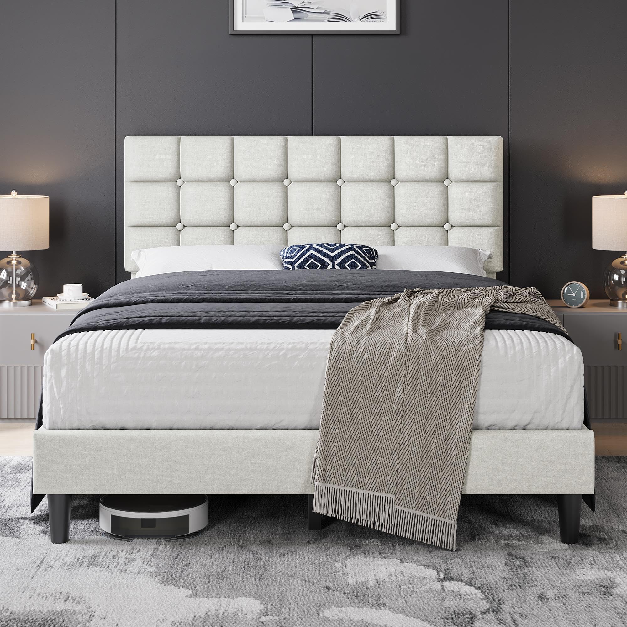 Yaheetech Upholstered Bed Frame, Modern Queen Bed Platform with Square Stitched&Button Tufting Headboard Height Adjustable, Wooden Slats Support, No Box Spring Needed, Queen Size, Beige