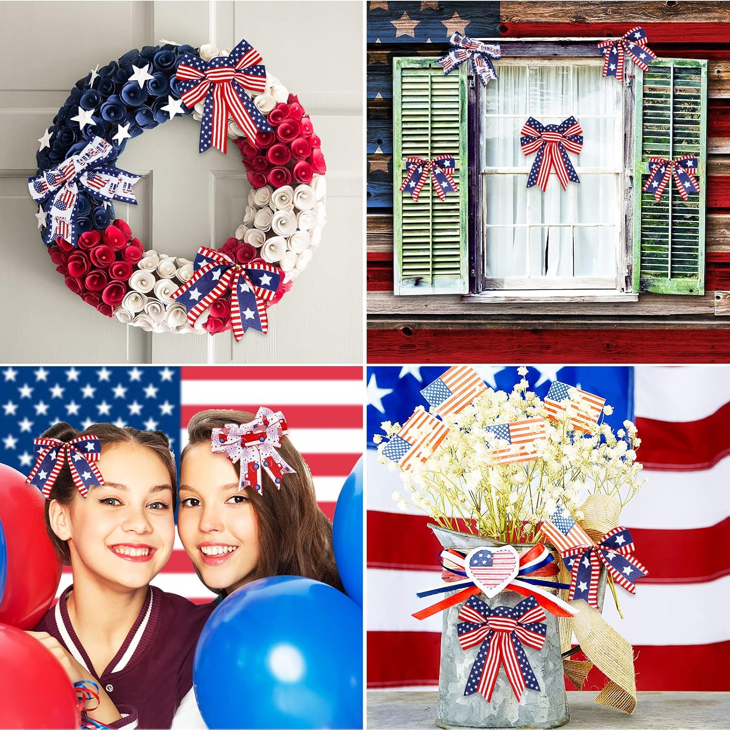 Whaline 30 Yards Patriotic Wired Edge Ribbons 4th of July Star Strip Burlap Ribbon Red Blue White American Flag Truck Gnome Gift Wrap Ribbon for 250th Anniversary Independence Day Craft Sewing, 5 Roll