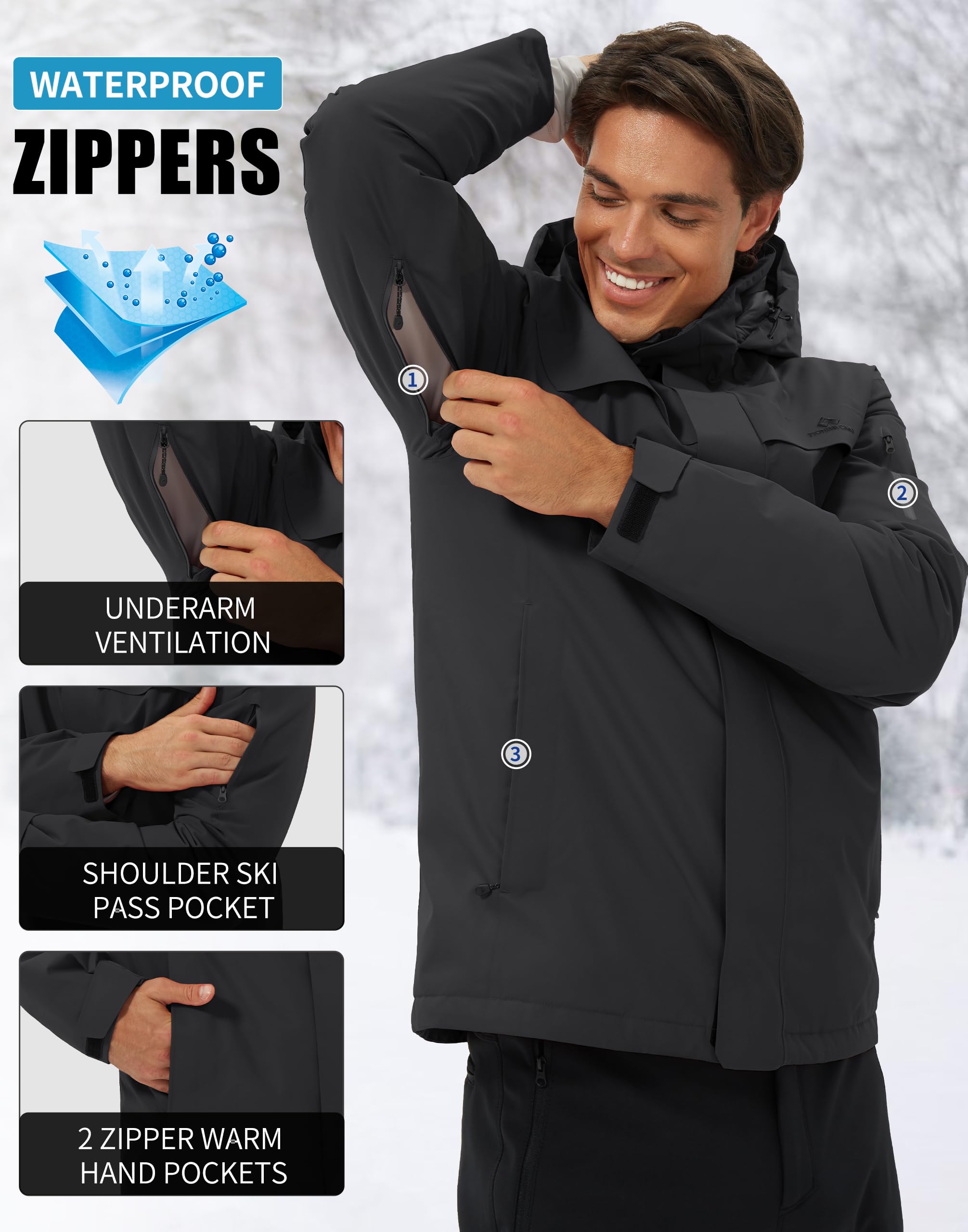 Giacca da sci da uomo, impermeabile, calda, traspirante, da snowboard, con cappuccio