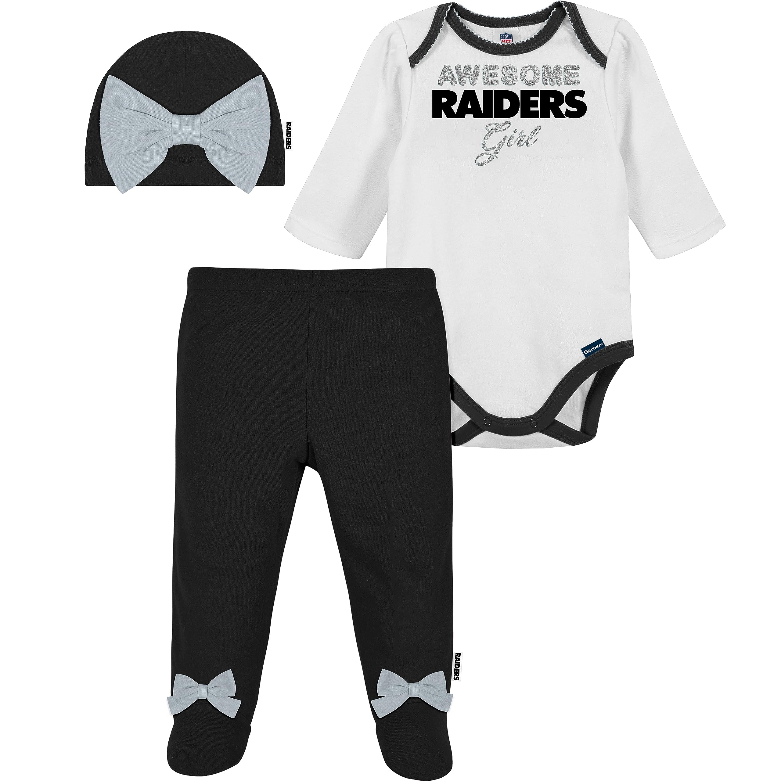 Gerber NFL Baby Girls' 3Pc Bodysuit, Footed Pant, & Cap Set, Las Vegas Raiders, 3-6 Months