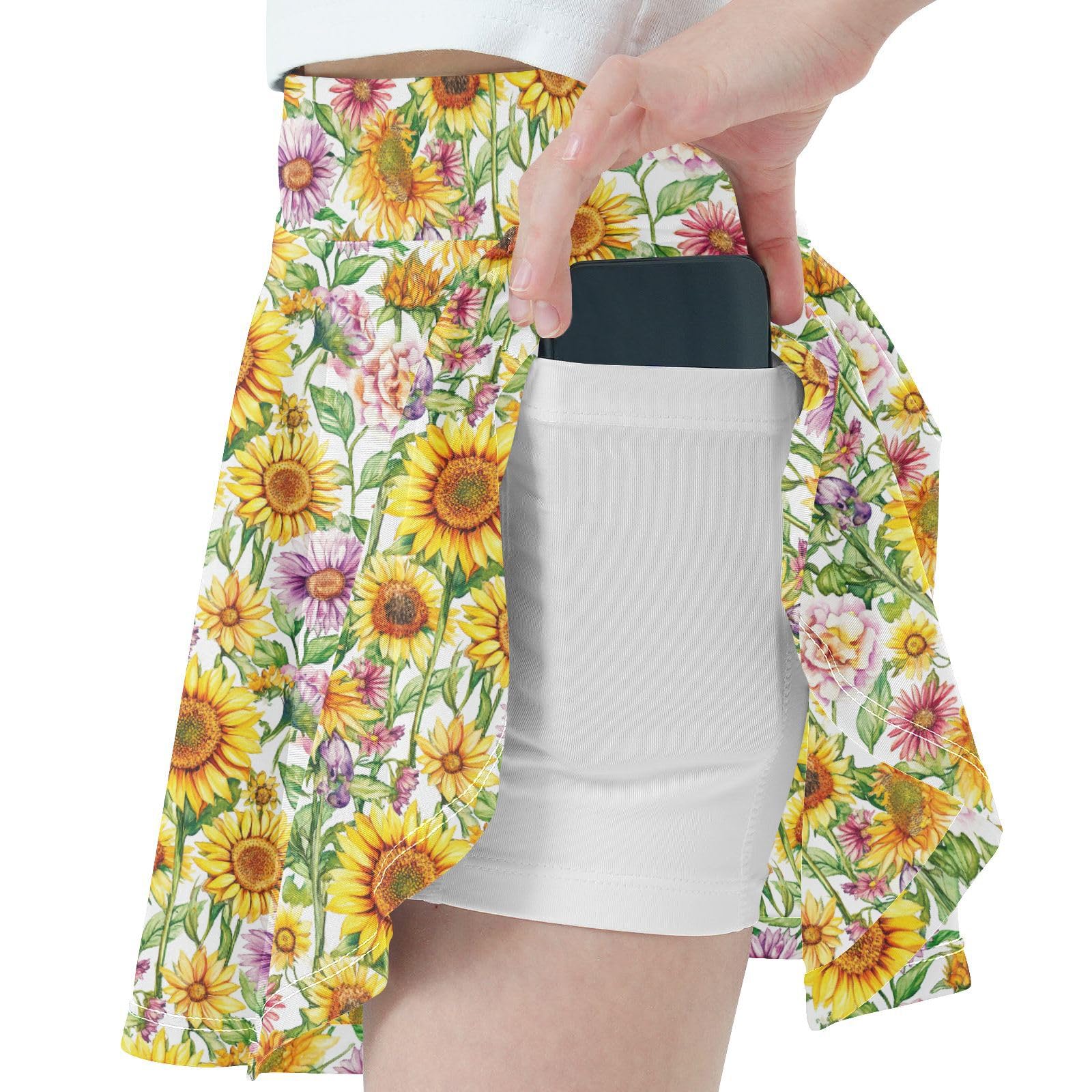 Watercolour Sunflowers Girl Athletic Skort with Built-in Shorts Pleated Skirt Kids with Pockets Flowy Scort Skirt Little Girl