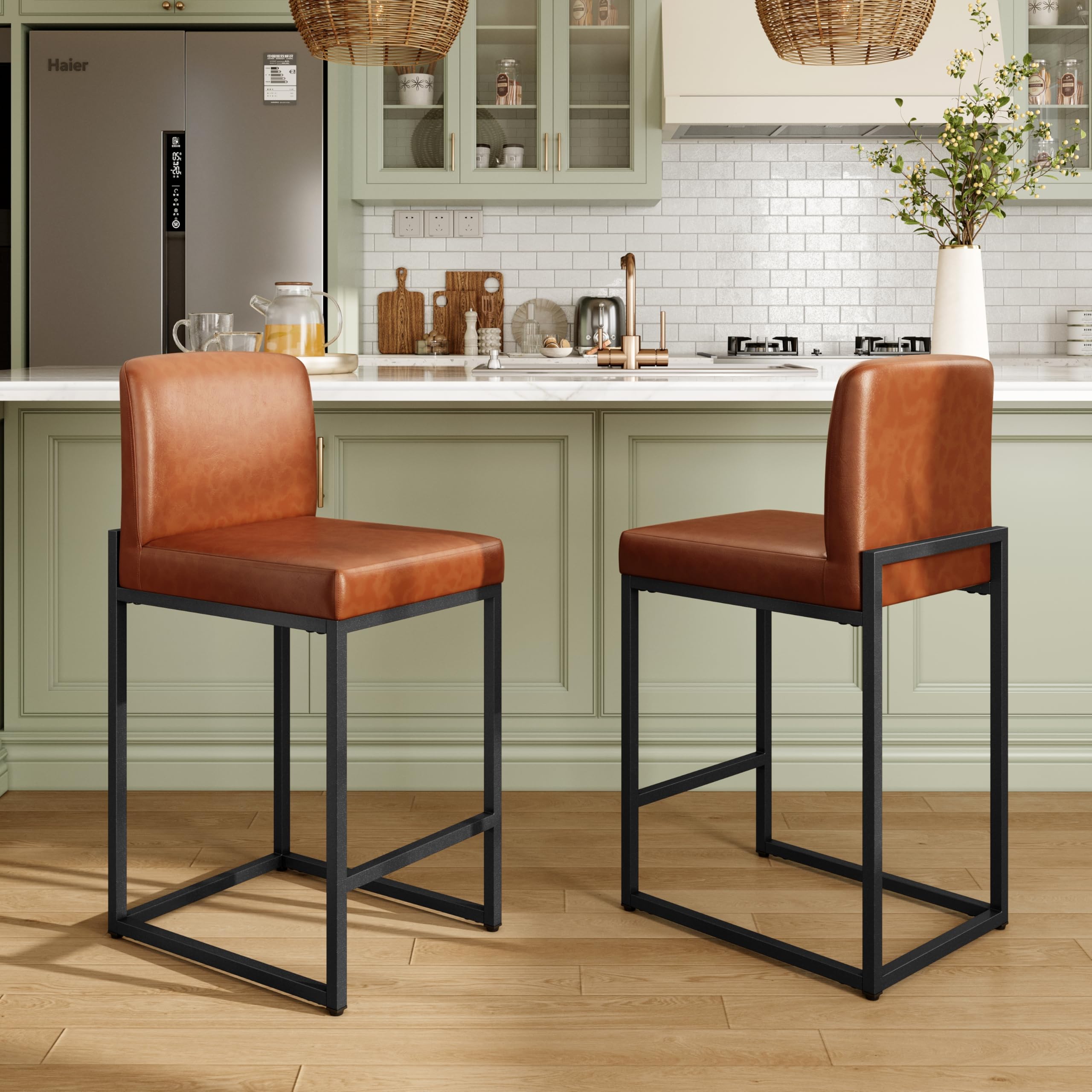 MAISON ARTS Bar Stools Set of 2, 24 Inch Counter Height Barstools with Back, Modern Upholstered Faux Leather Bar Chairs for Kitchen Island & Home Bar, Metal Steel Frame, Support 330LBS, Brown
