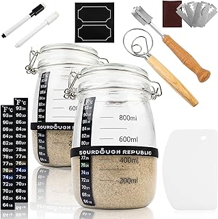 Hemlock Home Brewing Sourdough Starter Jar Kit, Bread Baking Supplies, 2-Pack, 34 oz. Glass Jars for Sourdough Starter, Wi...