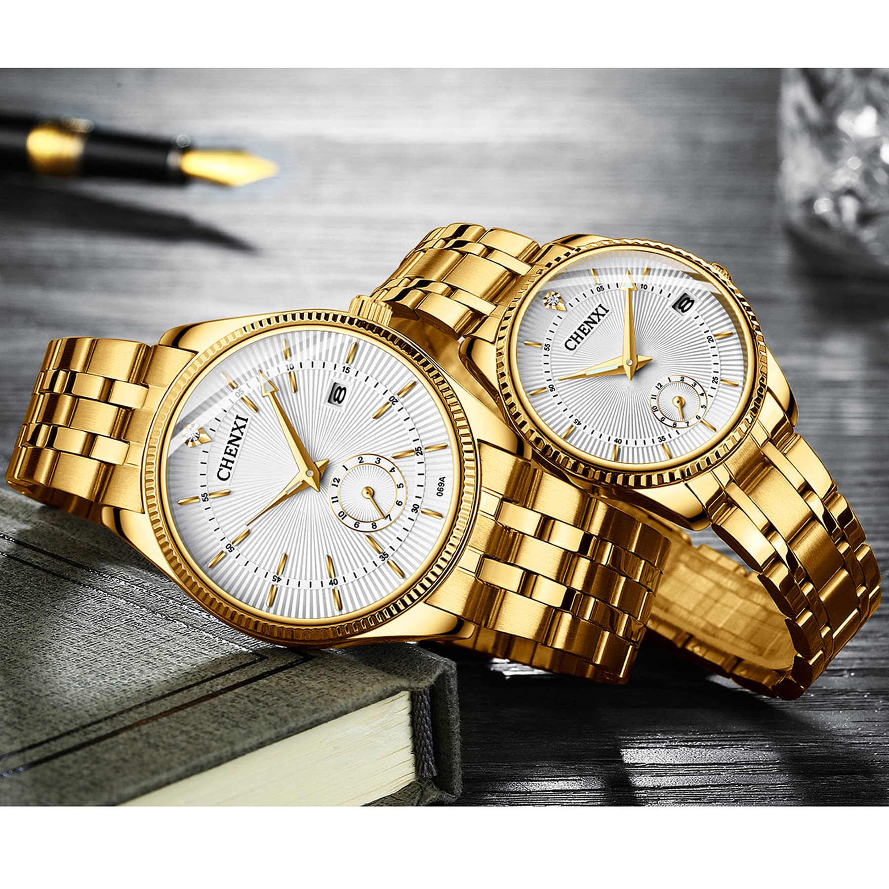 JewelryWe Armbanduhr Herren Damen mit Strass Römische Zahlen Zifferblatt Metallarmband, Quarz Analog Uhr Muttertag Gold Silber