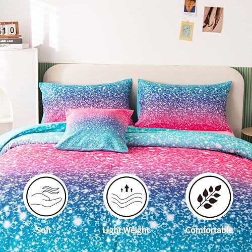 Miniatura 3 de RYNGHIPY Juego de ropa de cama de 6 piezas con purpurina 3D para niños adolescentes niñas y mujeres juego de edredón de color azul turquesa y rosa