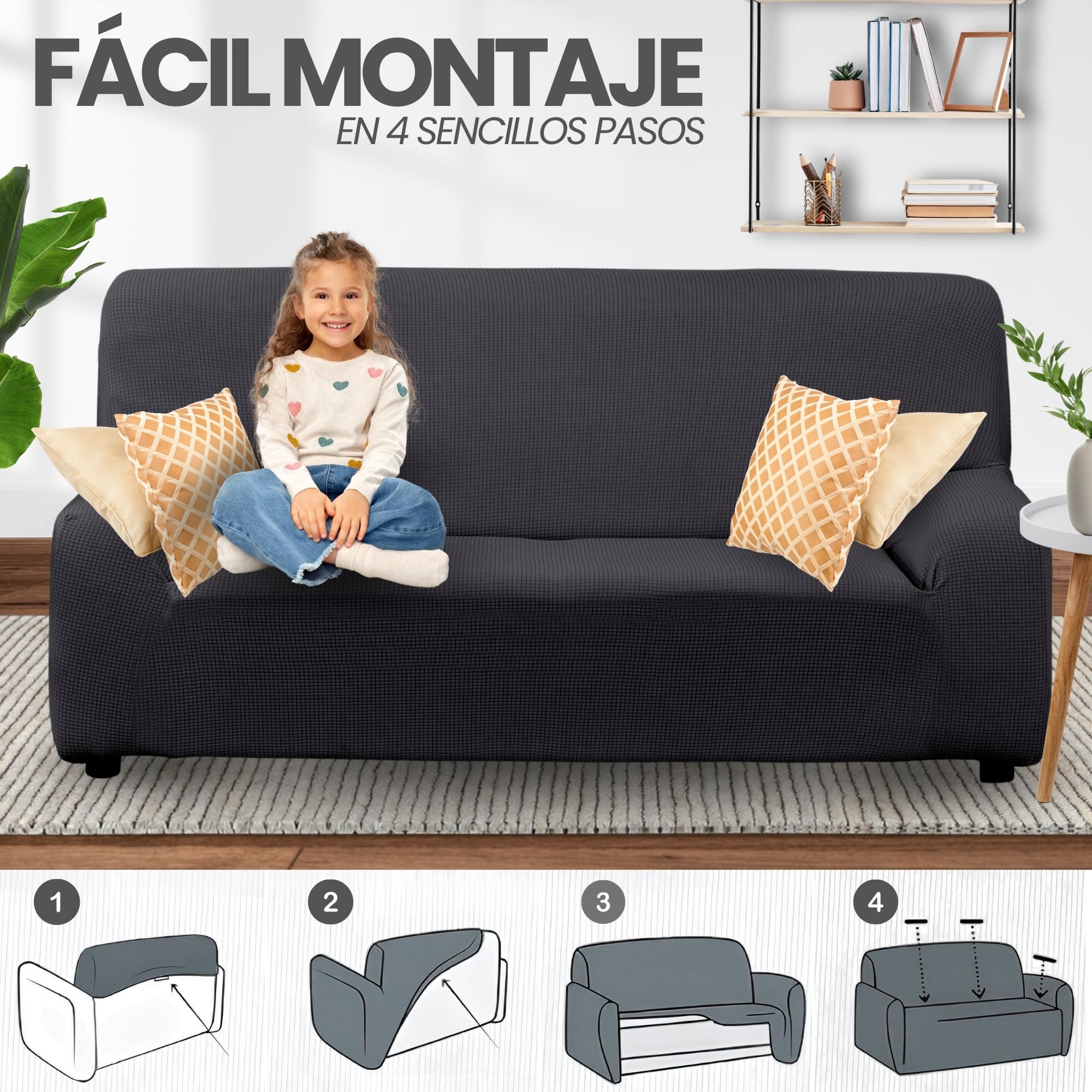 LAN&LAN - Funda Sofa, 3 plazas, Funda Sofá Elástico y Ajustable, Funda de Sofa Cómoda y Lavable, Cubre Sofá Que Previene Manchas de Niños y Pelos de Mascotas (Gris Oscuro)