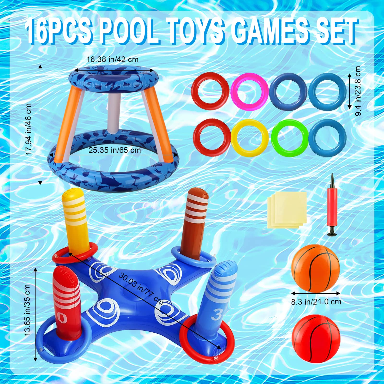 Aro de baloncesto para piscina con tablero, juguetes de piscina flotantes para niños de 3 a 12 años, juego de anillo con 4 bolas, 8 anillos y bomba para piscina al aire