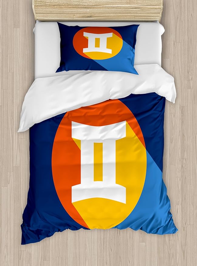 Ambesonne Zodiac Gemini Duvet Cover Set, Horoscope Sign with Colorful Graphic Design in a Circle on Blue Background, Decorative 2 Piece Bedding Set with 1 Pillow Sham, Twin Size, Multicolor