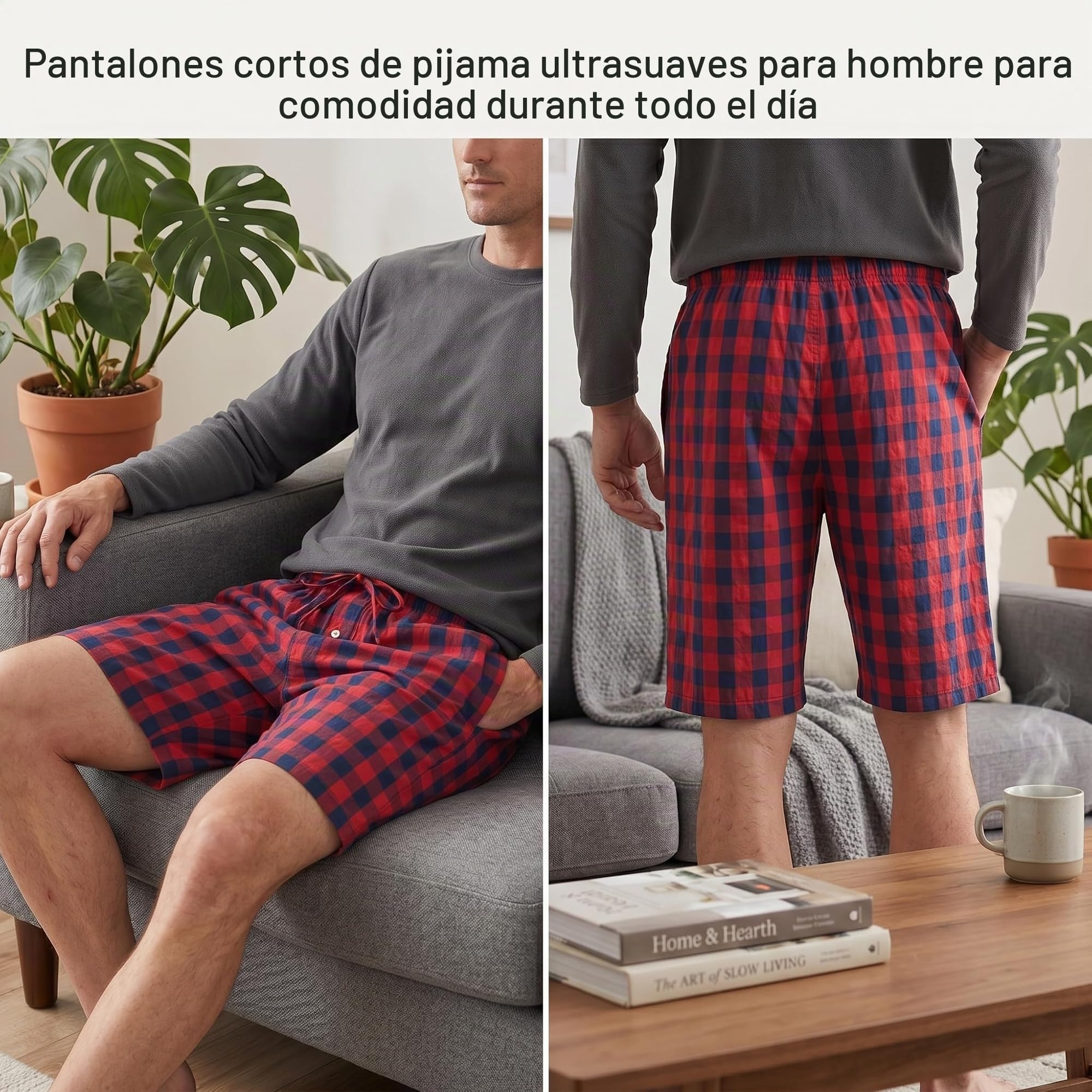 YUSHOW Pantalon Pijama Corto Hombre Algodón Cuadros Suaves Pantalones de Ocio con Bolsillos y Cordón Verano 2 Piezas