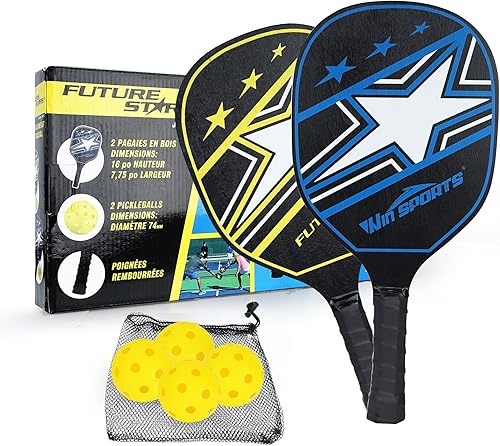Miniatura 1 de WIn SPORTS Juego de 2 paletas de madera para principiantes 2 paletas de bola de pepinillo con 2 palas 4 bolas y 1 bolsa de transporte duraderas y