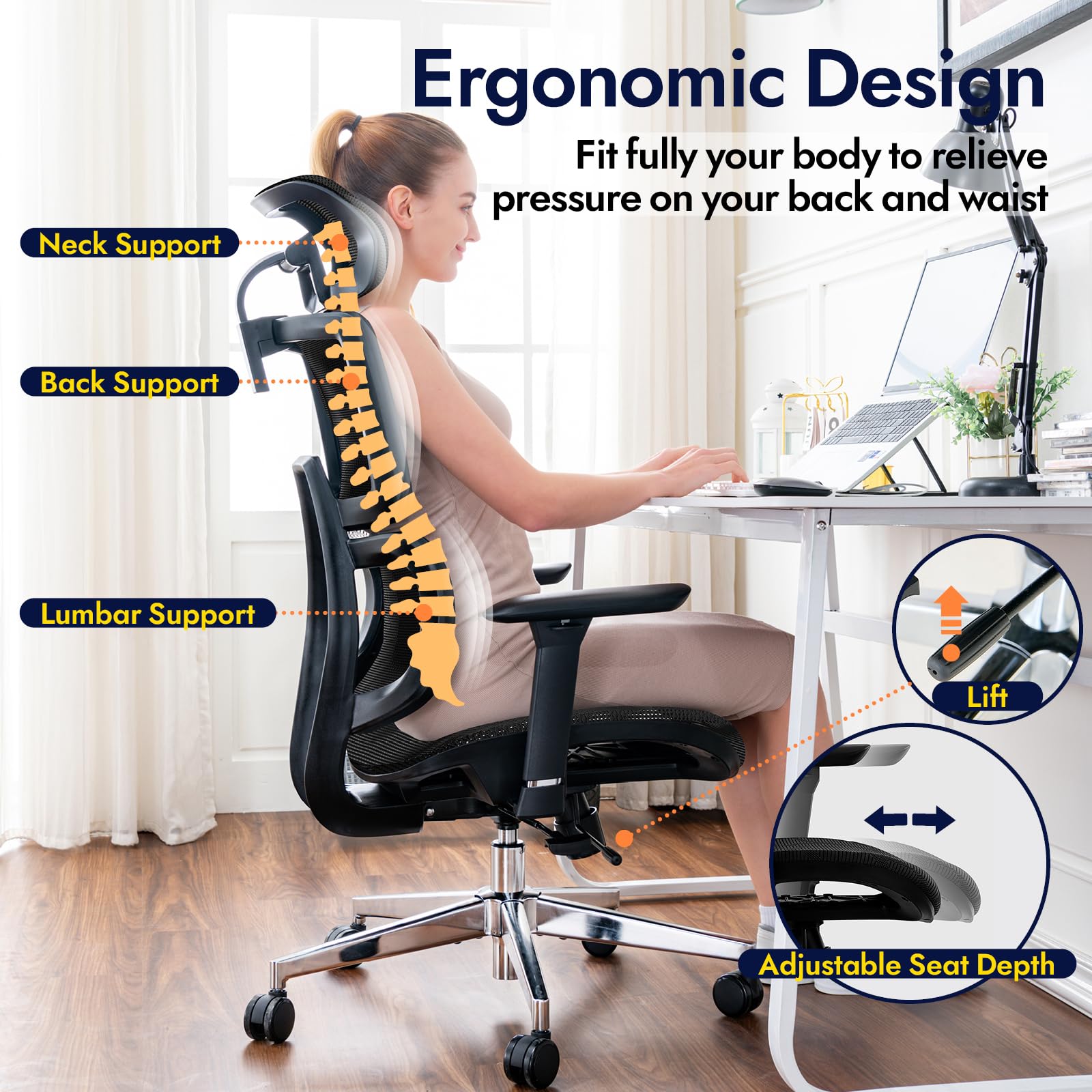 Chaise de Bureau, Fauteuil Ergonomique Professionnel - Dossier Mesh Respirant, Inclinaison 130°, accoudoirs 3D et Assise réglable - Pivotant, roulettes, 150 kg