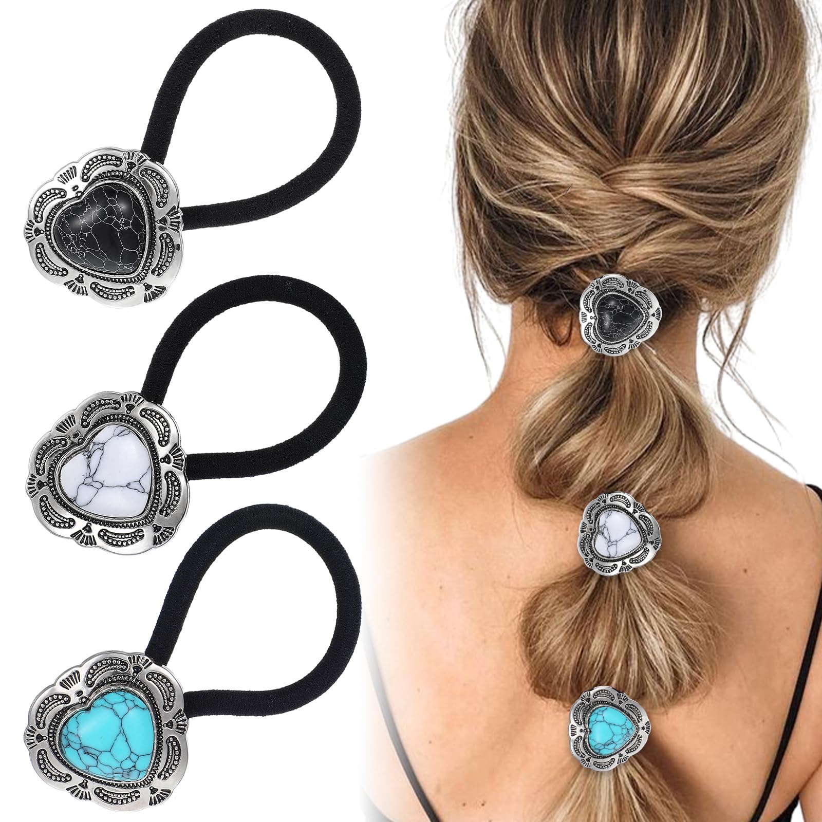 Ouligay 3 Pcs Western Ponytail Holders,Metal Boho Hair Ties with Turquoise,Boho Hair Ties Bracelet Hair Ties No Damage,Vintage Heart Hair Ropes,Silver Hair Bands,Hair Accessories for Women Girl