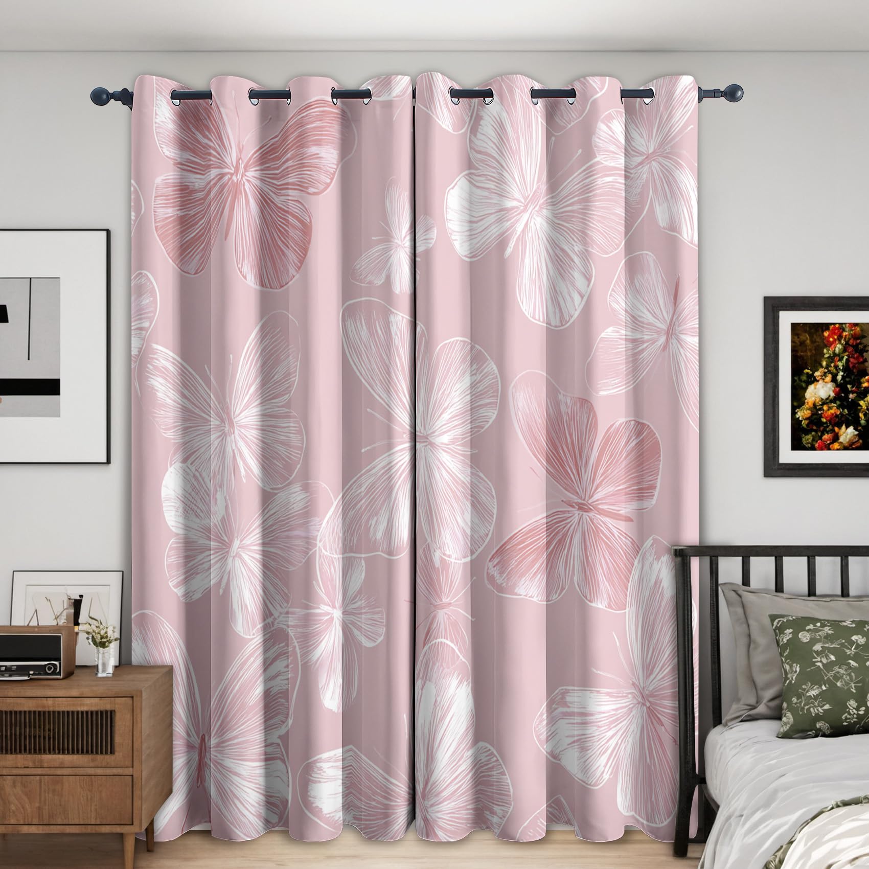 Rideau Occultant Papillon Rose, Féminine Et Féminine Motif Rideaux Thermiques à Oeillets, Rideaux Imprimé pour Salon Chambre Fenetre Moderne Décoration, 140x160 cm (L x H), Lot de 2, D#640