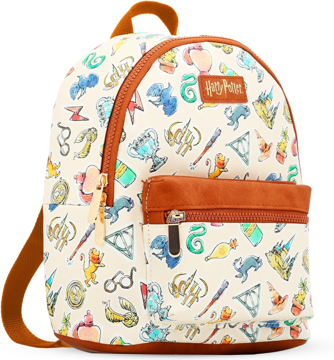 Harry Potter Mini Backpack - 10" Iconic Faux Leather Small Backpack with Front Pocket and Button Bundle | Adjusts to Fit Teens, Adults, Women