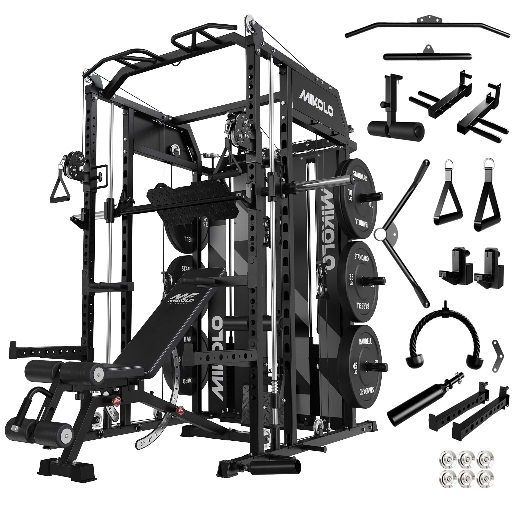 Mikolo Smith Machine with Weight Stack, Power Cage Home Gym System with LAT Pulldown &amp; Cable Crossover, Multi-Functional Trainer with Dual Pulley System, Includes 10+ Free Attachments