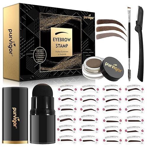 Kit de plantillas para cejas, kit de sellos para cejas impermeable con polvo de cejas, 24 plantillas reutilizables para cejas, cepillo para cejas y