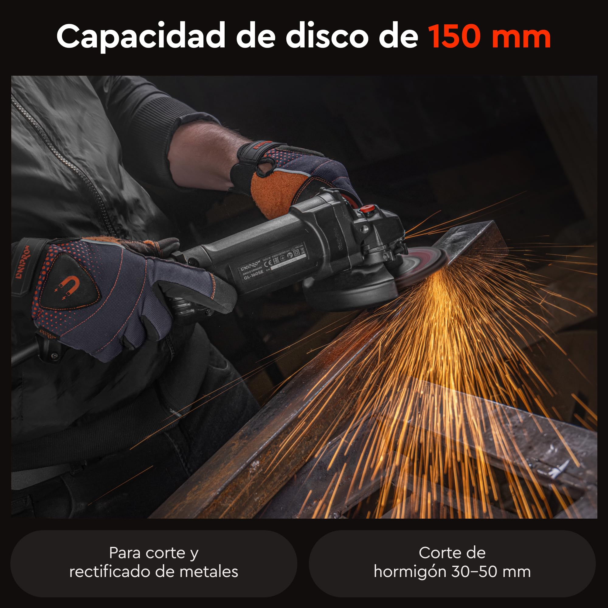 Amoladora Angular 1100W 150mm, Radial Eléctrica con 6 Velocidades (5.500–10.500 RPM), Constant Power, Soft Start, M14, para Metal, Hormigón y Piedra. GL-160SE