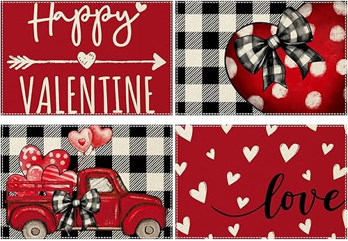 Red Love - Juego de 4 manteles individuales para el día de San Valentín, diseño de corazones de búfalo a cuadros, para fiestas, cocina, comedor,