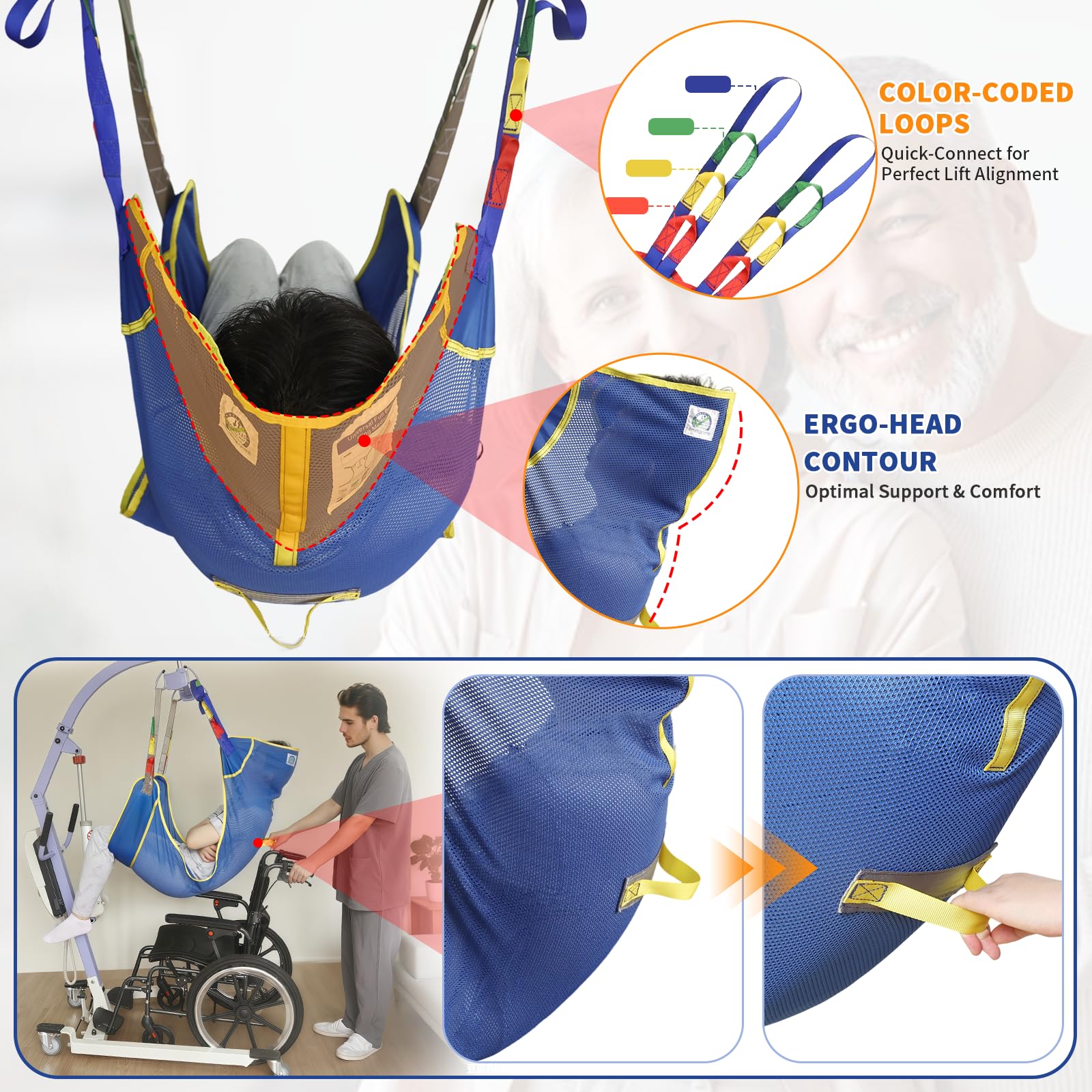 Eslinga universal de elevación de cuerpo completo para elevación de pacientes – Eslinga de transferencia de malla para ducha, eslinga de elevación bariátrica grande para ancianos y discapacitados
