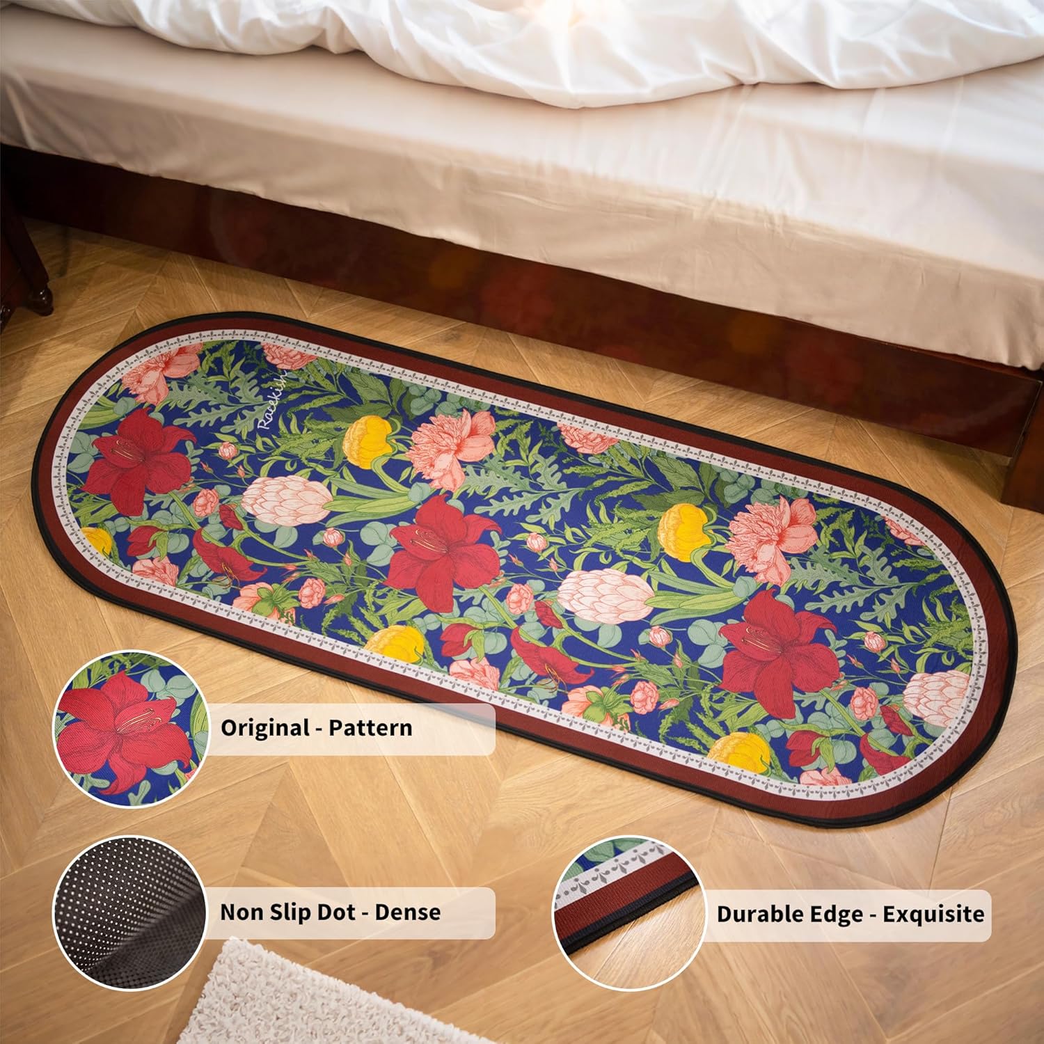 MAGRACE Runner Rug for Bedroom - 2x5' Non Slip Bedside Mat with Boho Floral Print, Soft Absorbent Carpet for Bedroom, Living Room, Sofa Area, Machine Washable (Floral)