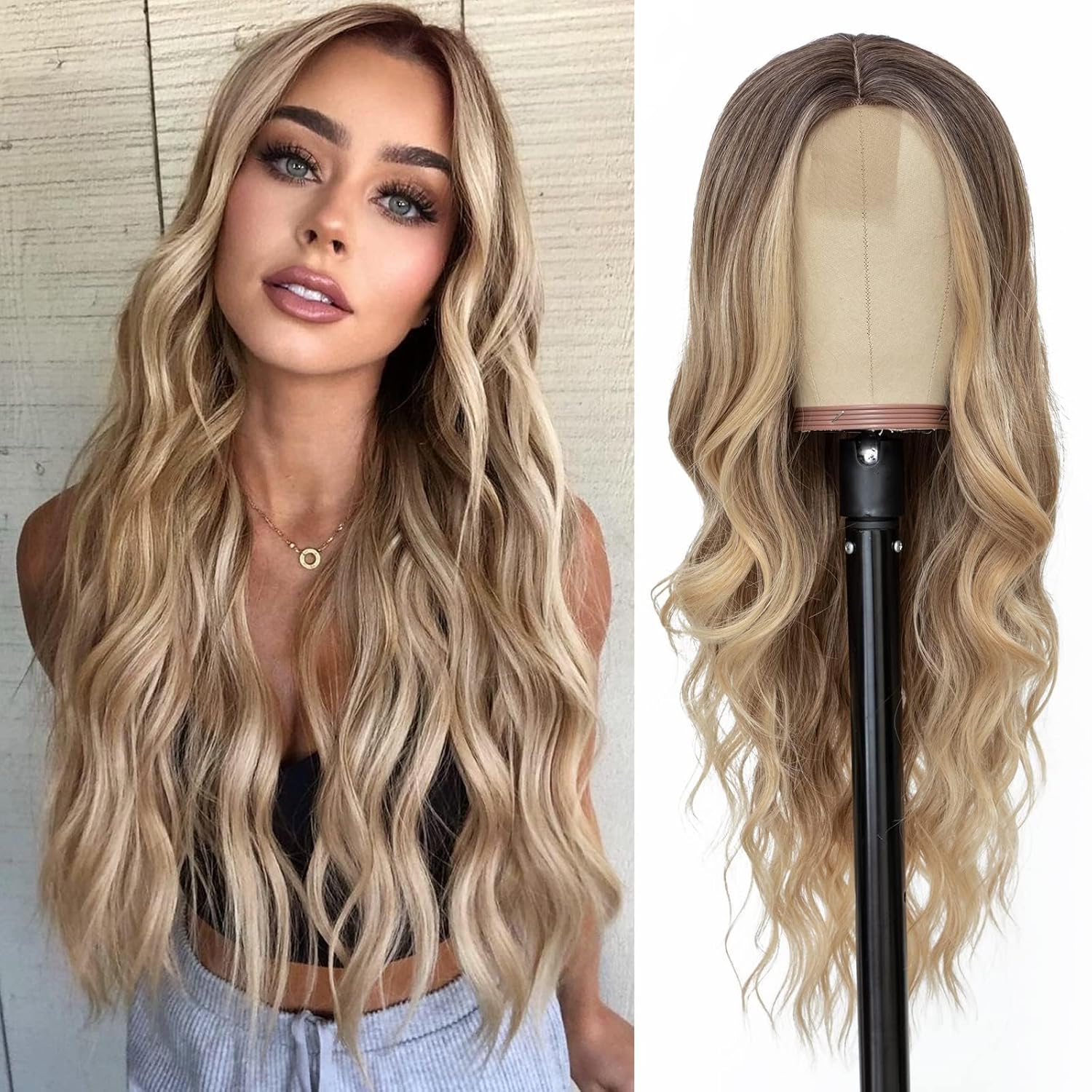 NAYOO Long Ombre Blonde Wavy Wig for Women 26 Inch Middle Part Curly Wavy Wig Natural Looking Synthetic Heat Resistant Fiber for Daily Party Use (Ombre Blonde) NAYOO Long Ombre Blonde Wavy Wig for Women 26 Inch Middle Part Curly Wavy Wig Natural Looking Synthetic Heat Resistant Fiber for Daily Party Use (Ombre Blonde)