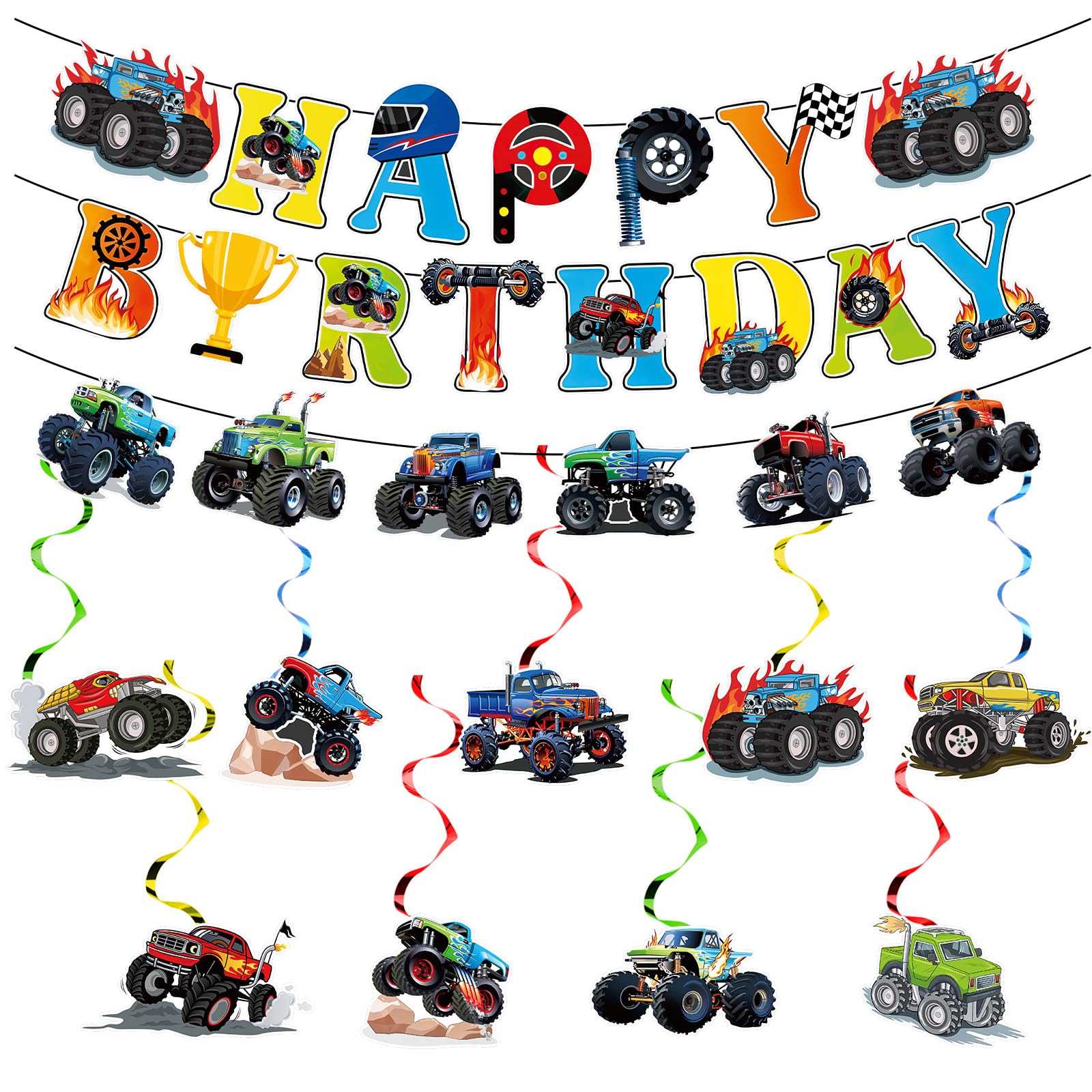 11PCS Truck Birthday Banner, Monster Theme Birthday Decorations, Cartoon Theme Party Supplies Decorations, Racing Car Truck Themed Banners for Boys, Children