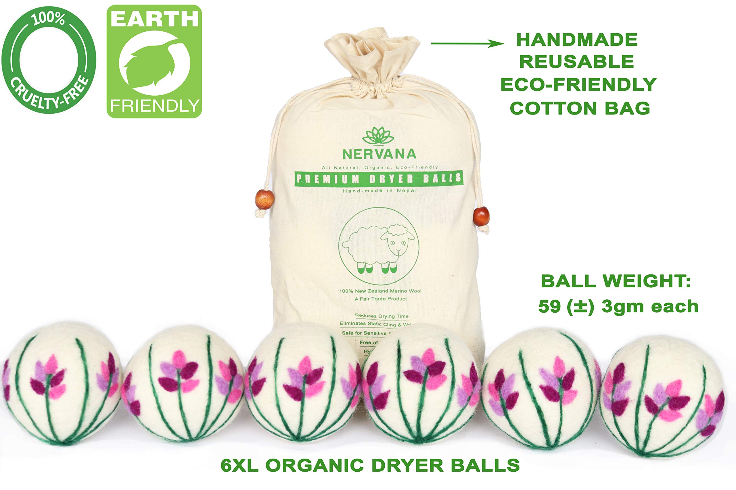 Bolas secadoras de lana orgánica – Lavanda 6 XL calidad premium reutilizable suavizante de tela natural, 100% hecho a mano, lana de merino de Nueva Zelanda, ramo de lavanda, comercio justo