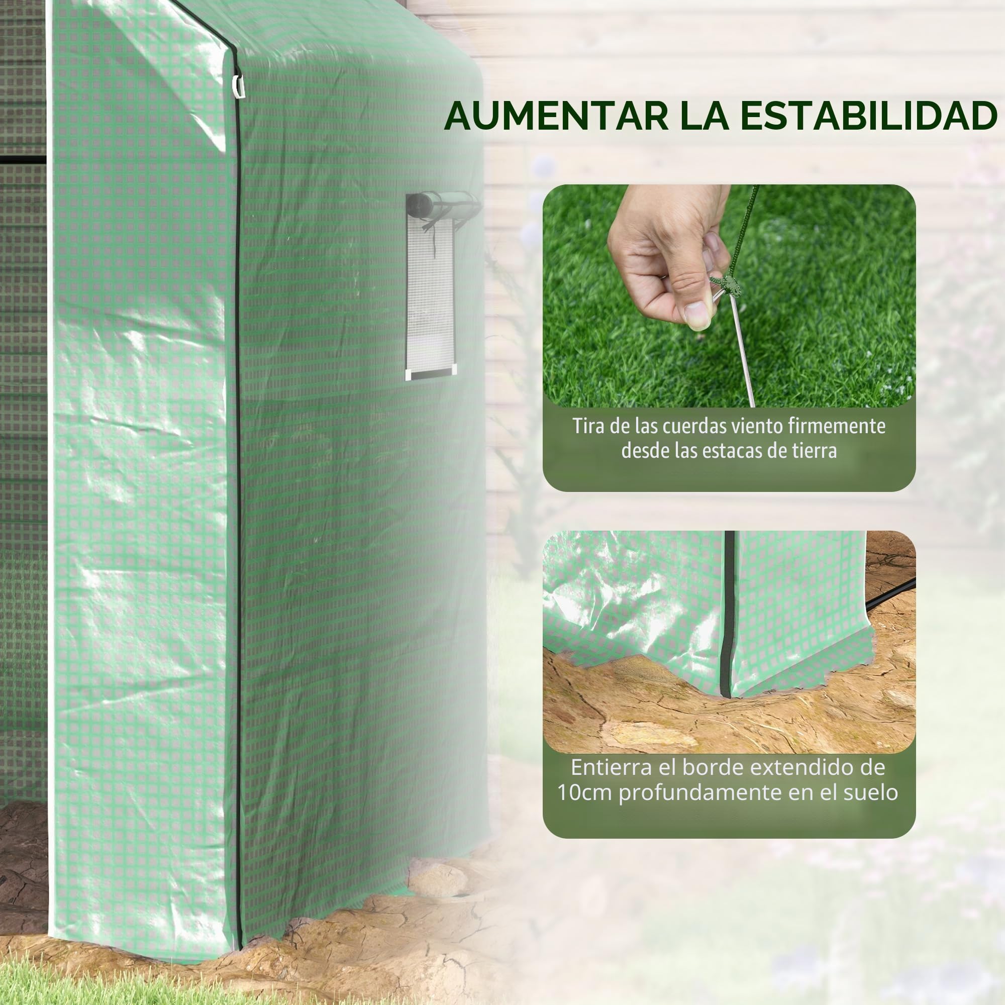 Outsunny Invernadero transitable 4.6'x4.7'x6.2', 3 niv. 8 EST., Verde | Invernadero exterior, cubierta de PE reforzada, invernadero para plantas de jardín, puerta enrollable, ventanas de malla.